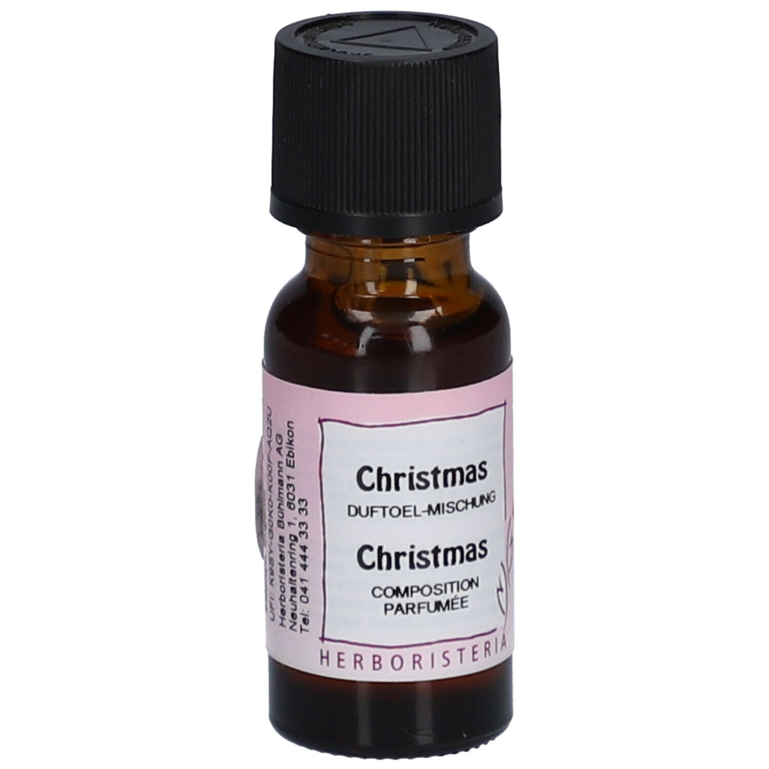 Flacon en verre brun avec bouchon noir. Étiquette avec nom du produit et logo.