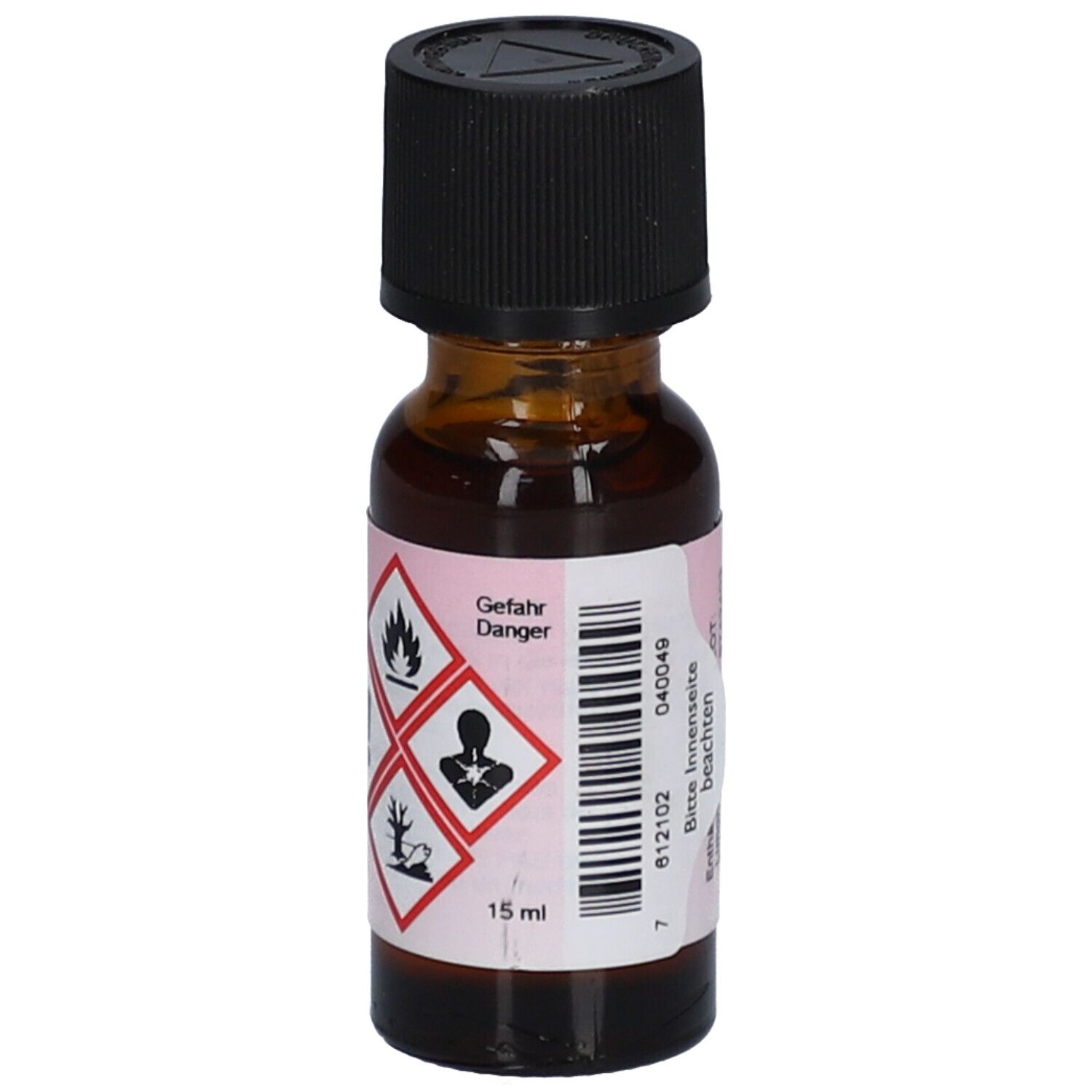 Flacon en verre brun avec bouchon noir. Étiquette avec symboles de danger et volume.