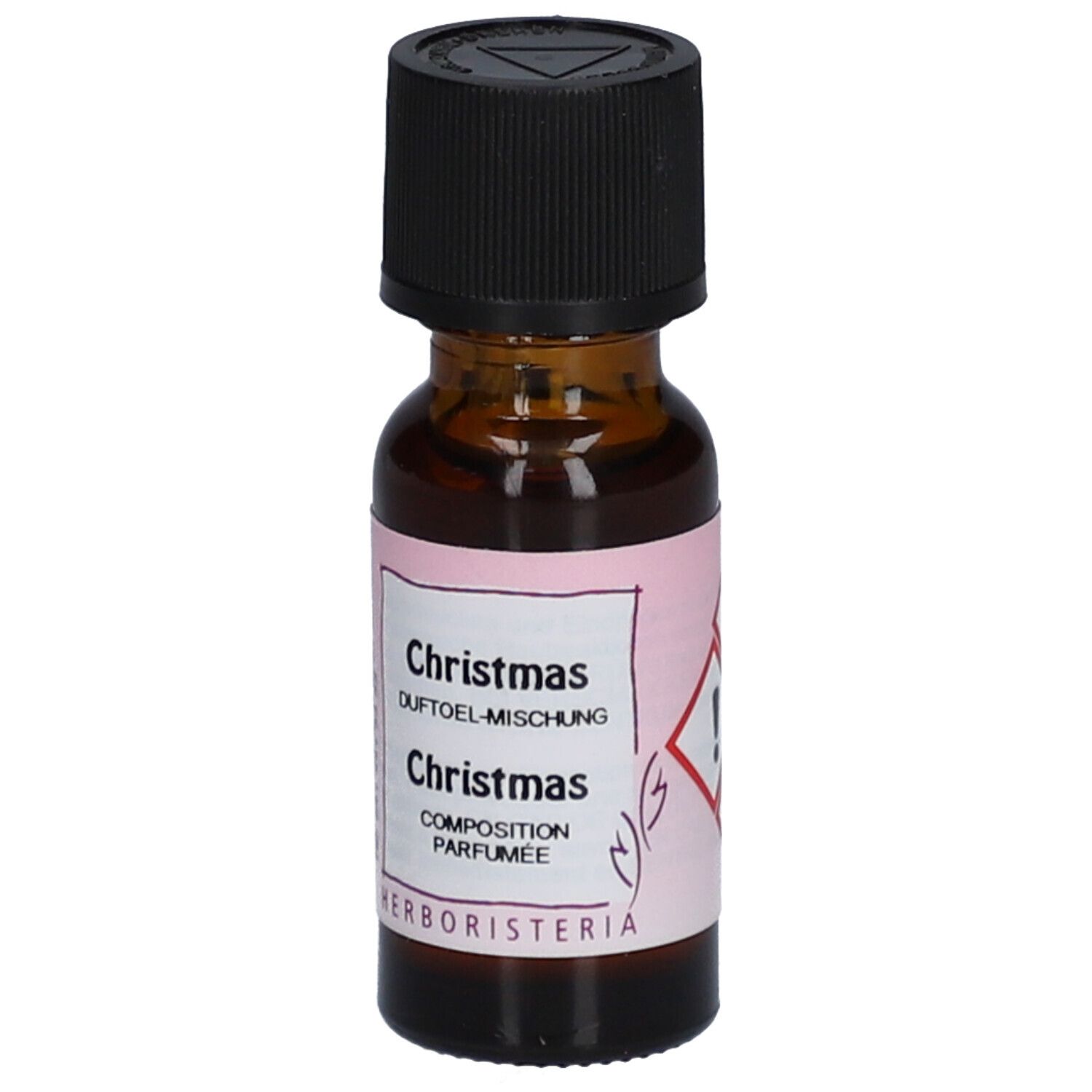 Flacon en verre brun avec bouchon noir. Étiquette avec nom du produit et symbole de danger.