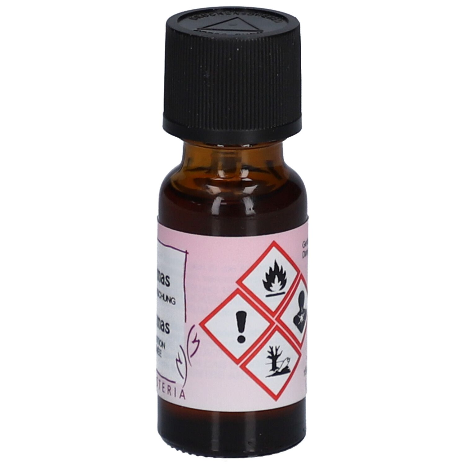 Flacon en verre brun avec bouchon noir. Étiquette avec symboles de danger.