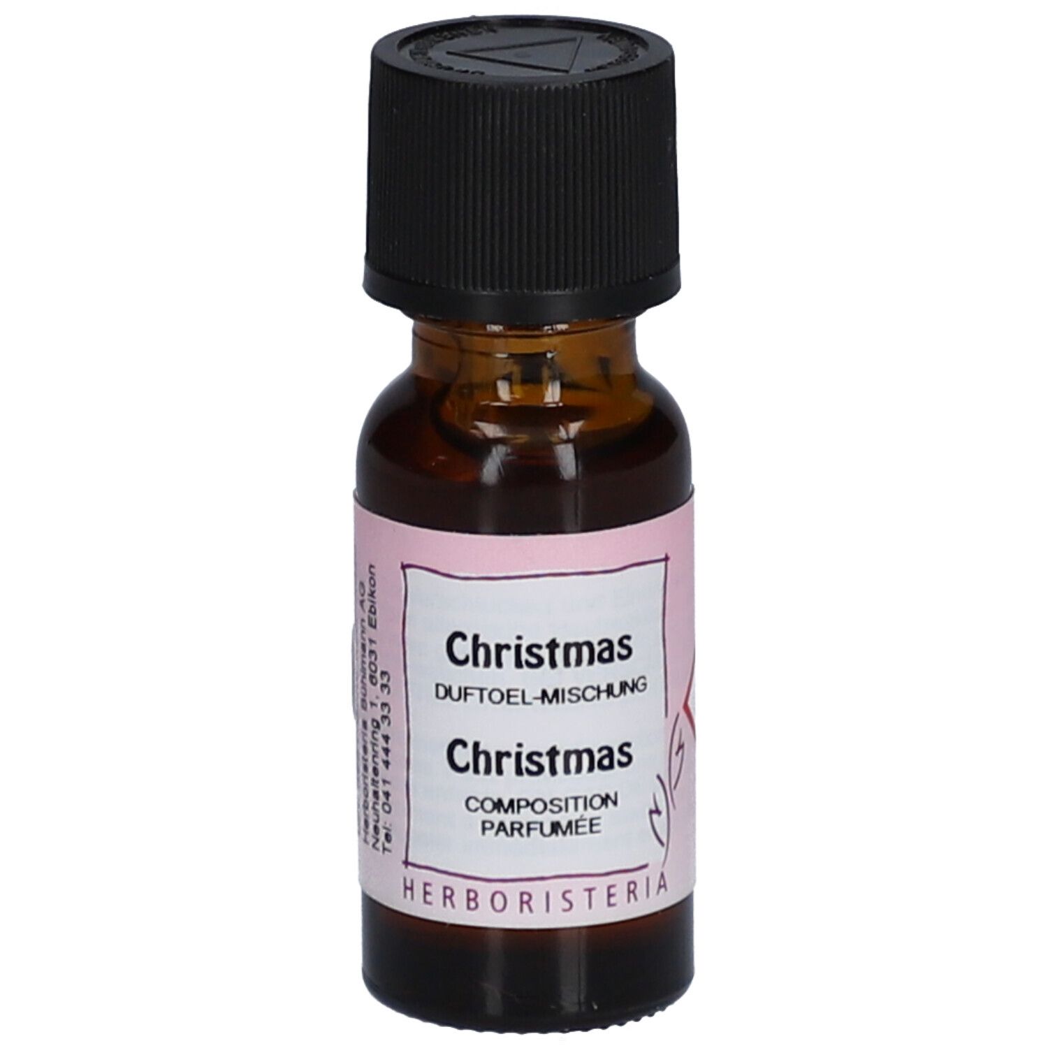 Flacon en verre brun avec bouchon noir. Étiquette avec nom du produit et logo.