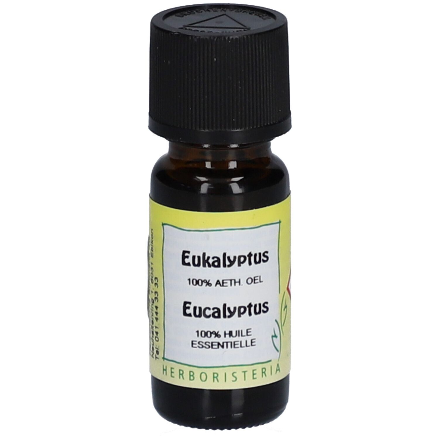 Bruine glazen fles met zwarte dop. Label met "Eukalyptus" en "HERBORISTERIA".