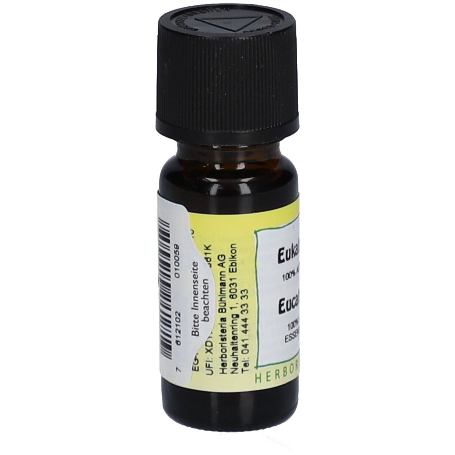 Bruine glazen fles met zwarte dop. Label met barcode en tekst. "HERBORISTERIA" logo.