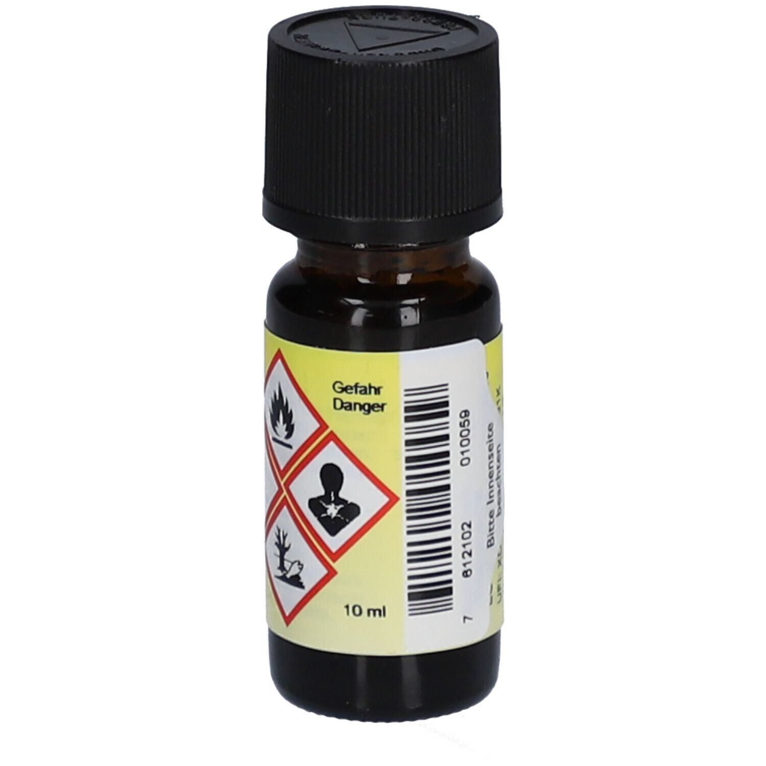 Bruine glazen fles met zwarte dop. Label met gevaarsymbolen en "10 ml".