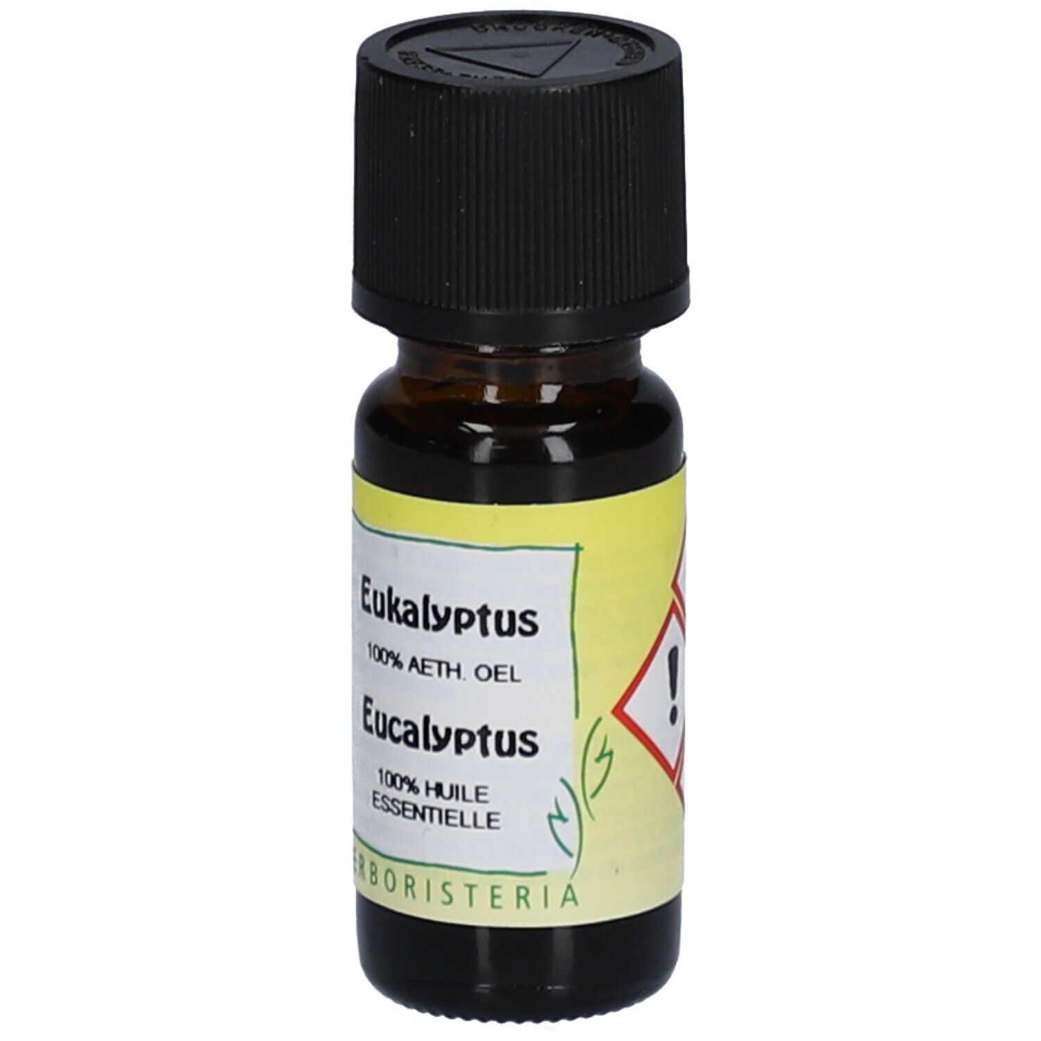 Bruine glazen fles met zwarte dop. Label met "Eukalyptus" en gevaarsymbool.