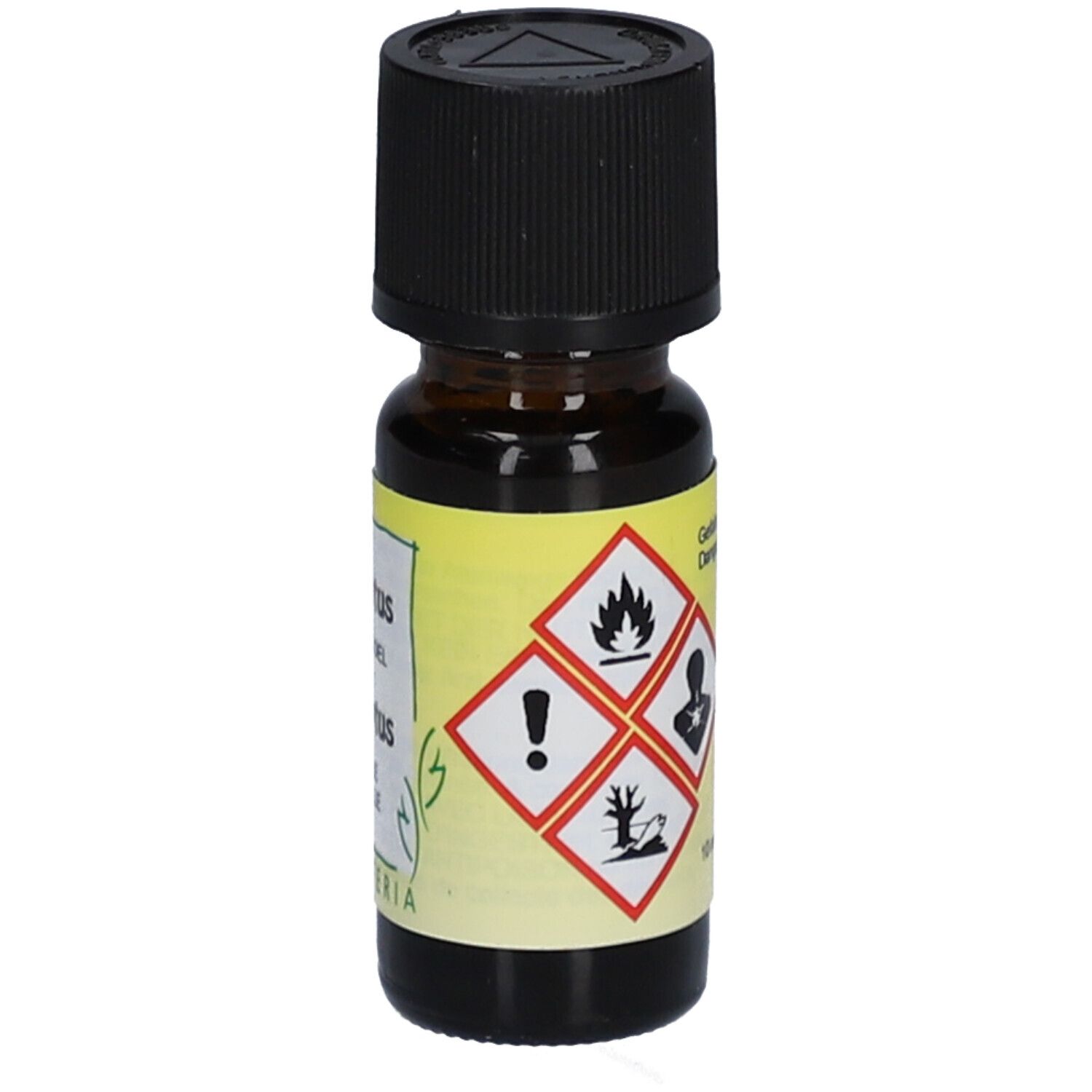 Bruine glazen fles met zwarte dop. Label met gevaarsymbolen en "HERBORISTERIA".