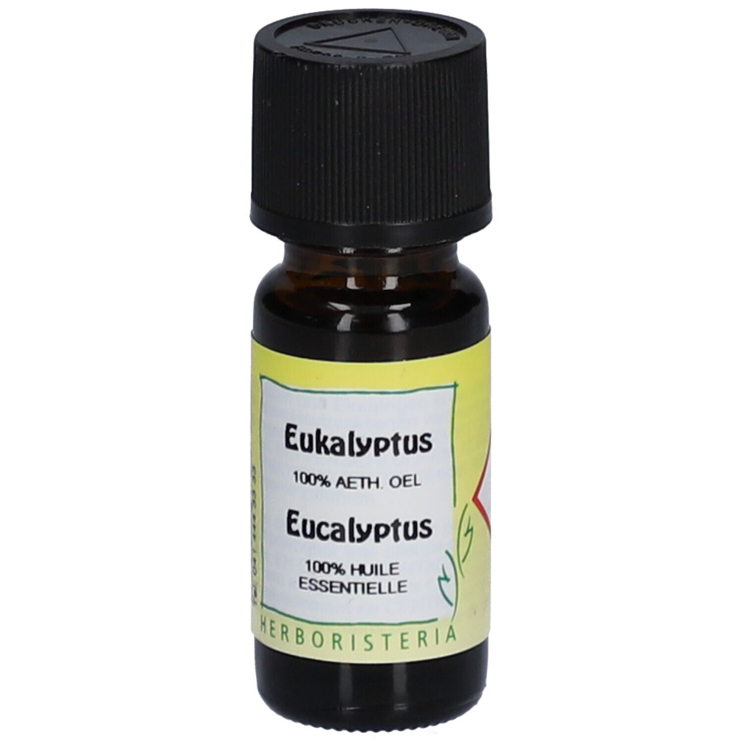 Bruine glazen fles met zwarte dop. Label met "Eukalyptus" en "HERBORISTERIA".