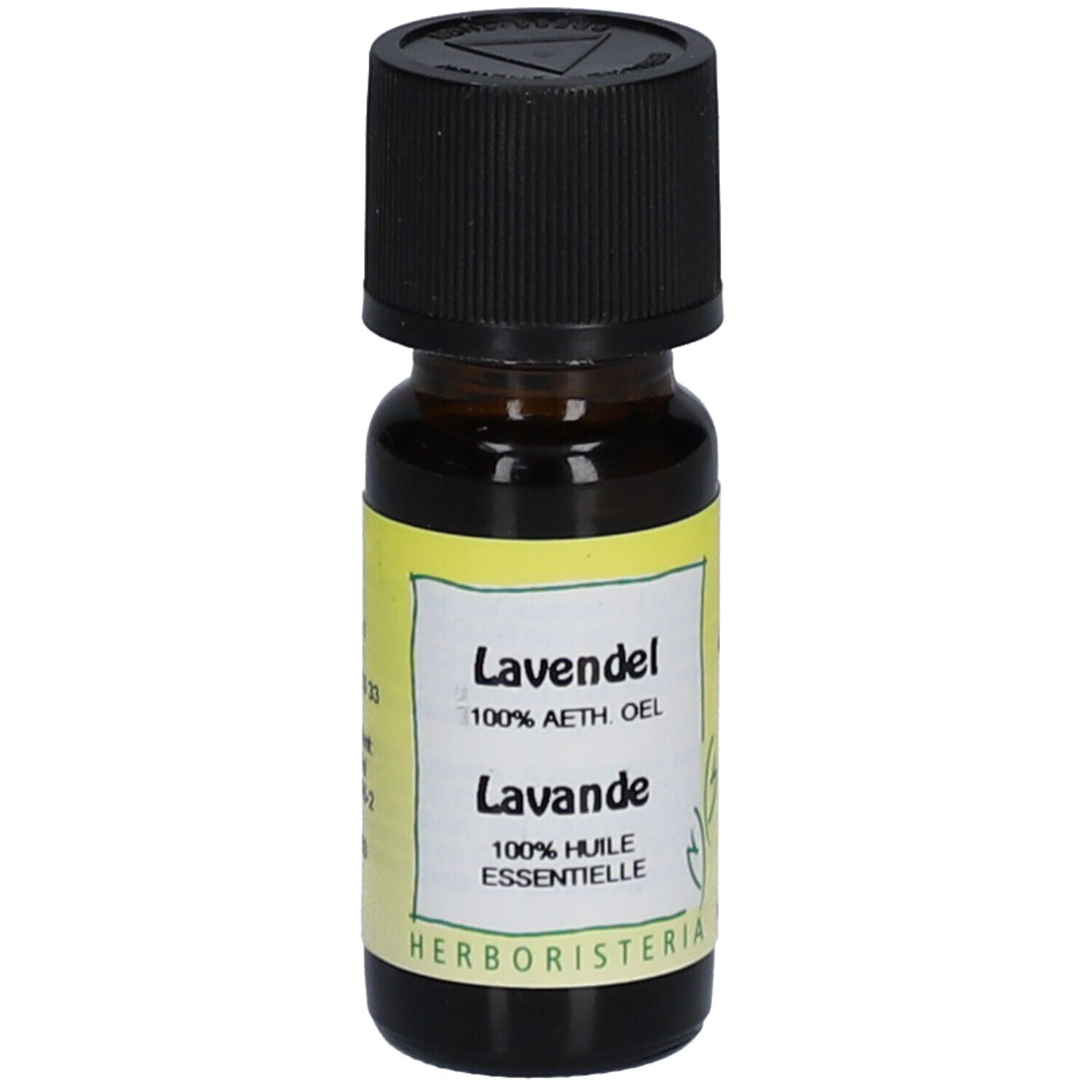 Flacon en verre brun avec bouchon noir. Étiquette avec "Lavande" et "100% HUILE ESSENTIELLE".