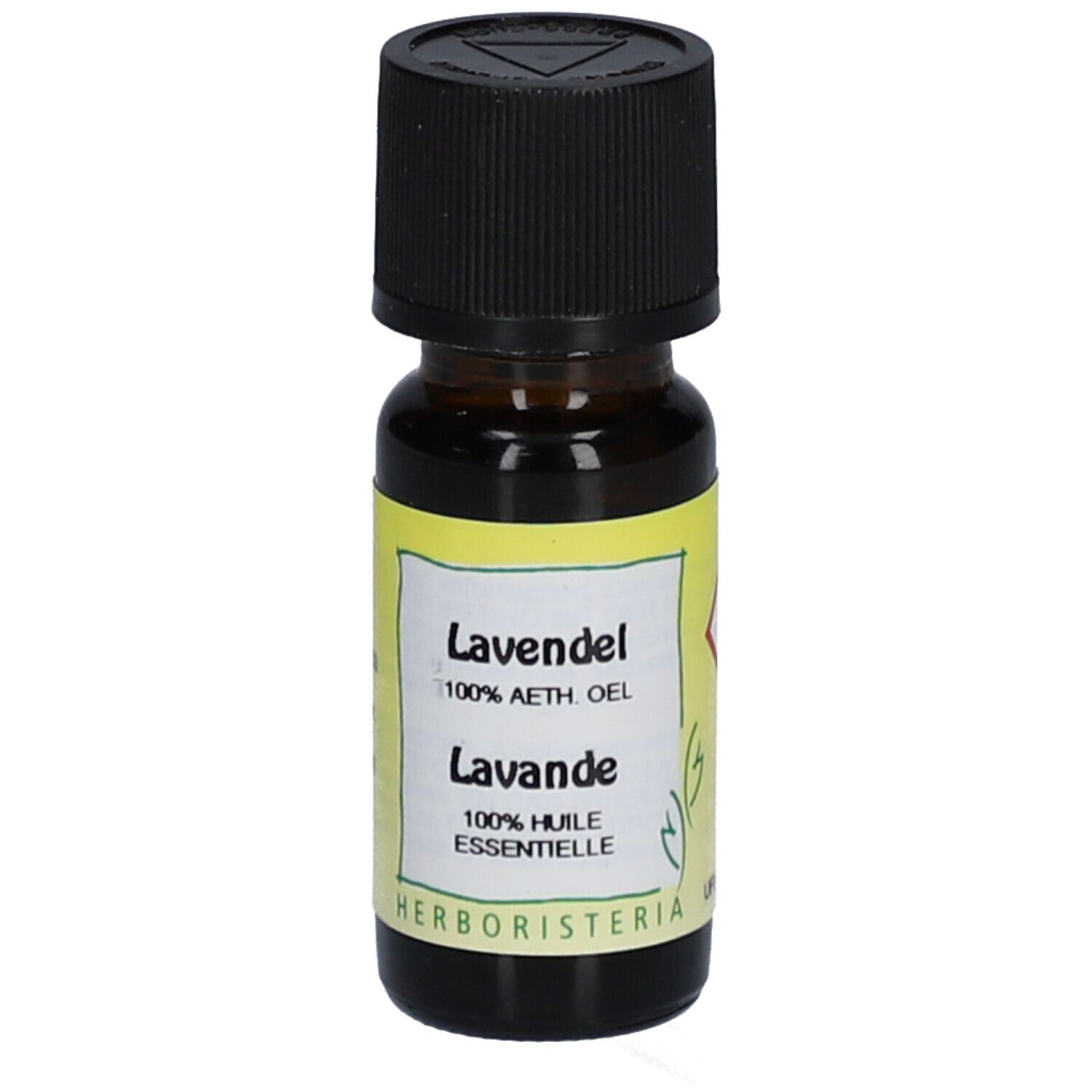 Flacon en verre brun avec bouchon noir. Étiquette avec "Lavande" et "100% HUILE ESSENTIELLE".