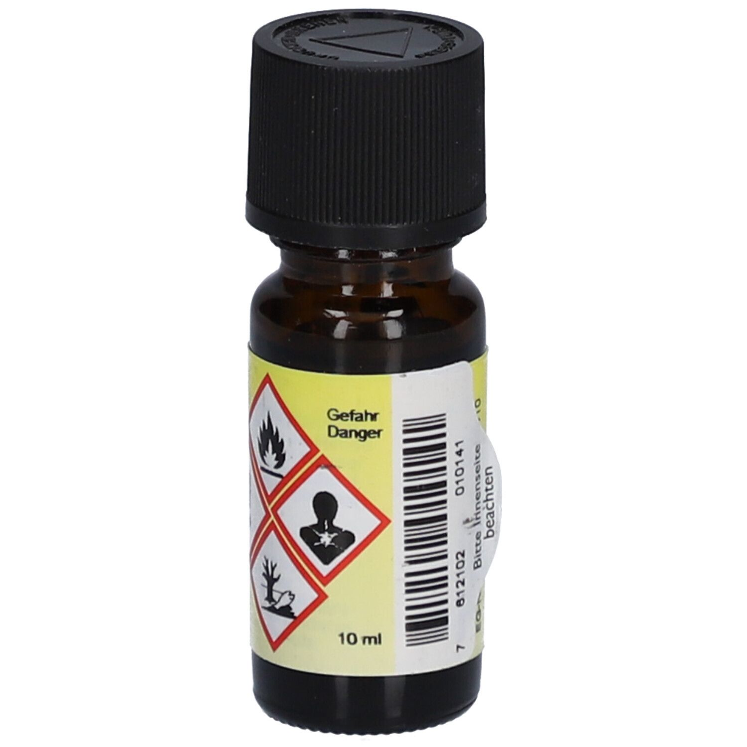 Bruine glazen fles met zwarte dop. Etiket met gevarensymbolen en tekst: 10 ml. Merk: HERBORISTERIA. Waarschuwingen zichtbaar.