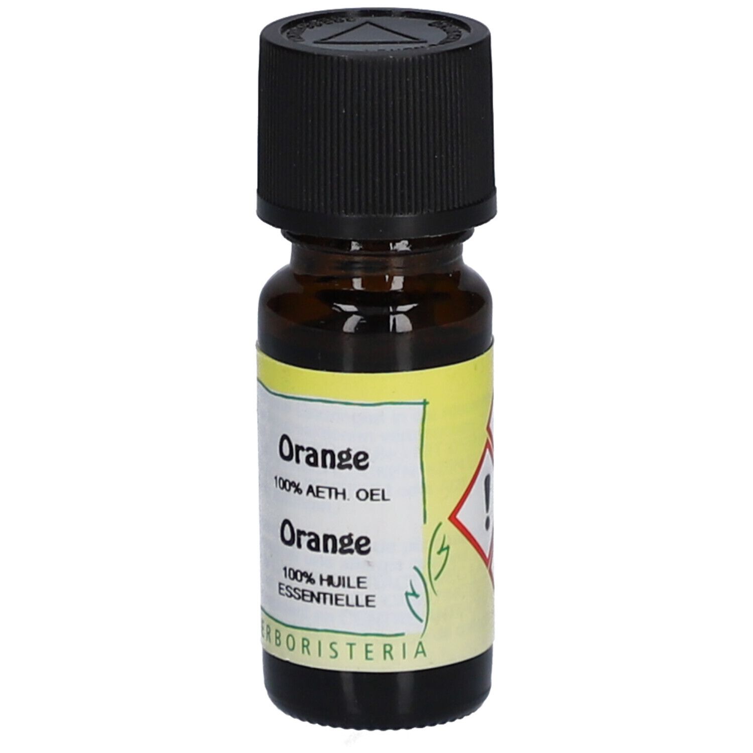 Bruine glazen fles met zwarte dop. Etiket met tekst: Orange, 100% AETH. OEL, 100% HUILE ESSENTIELLE. Merk: HERBORISTERIA. Waarschuwing.