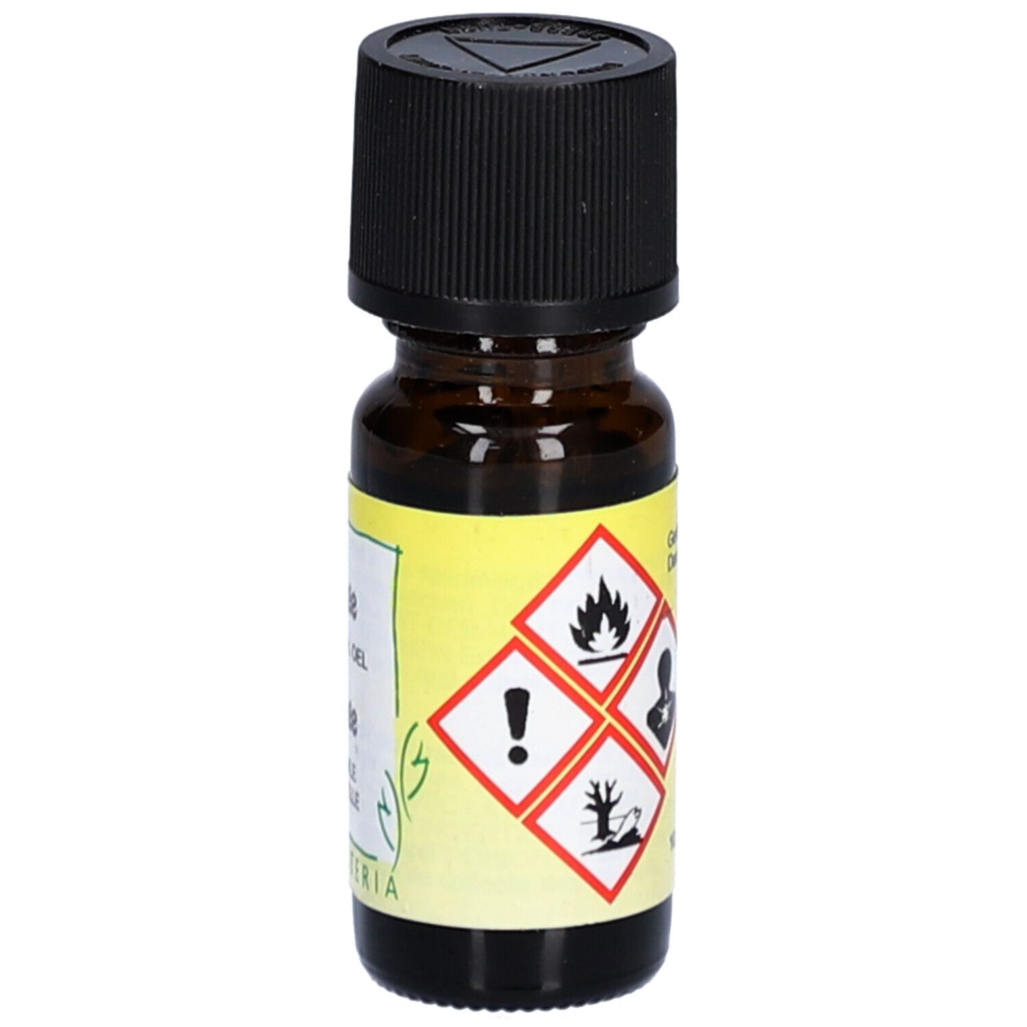 Bruine glazen fles met zwarte dop. Etiket met tekst: Orange, 100% AETH. OEL, 100% HUILE ESSENTIELLE. Merk: HERBORISTERIA. Waarschuwingen.