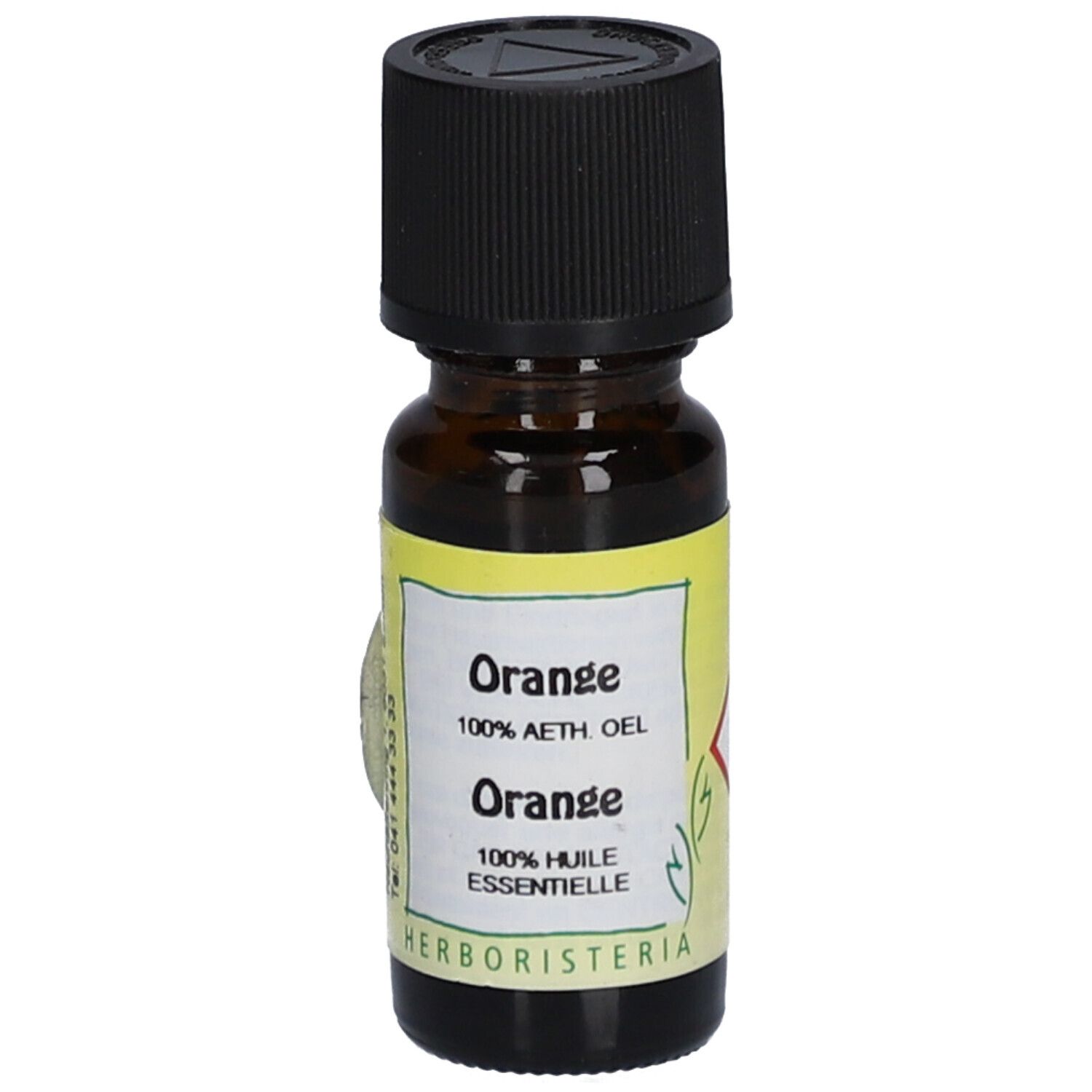 Bruine glazen fles met zwarte dop. Etiket met tekst: Orange, 100% AETH. OEL, 100% HUILE ESSENTIELLE. Merk: HERBORISTERIA.