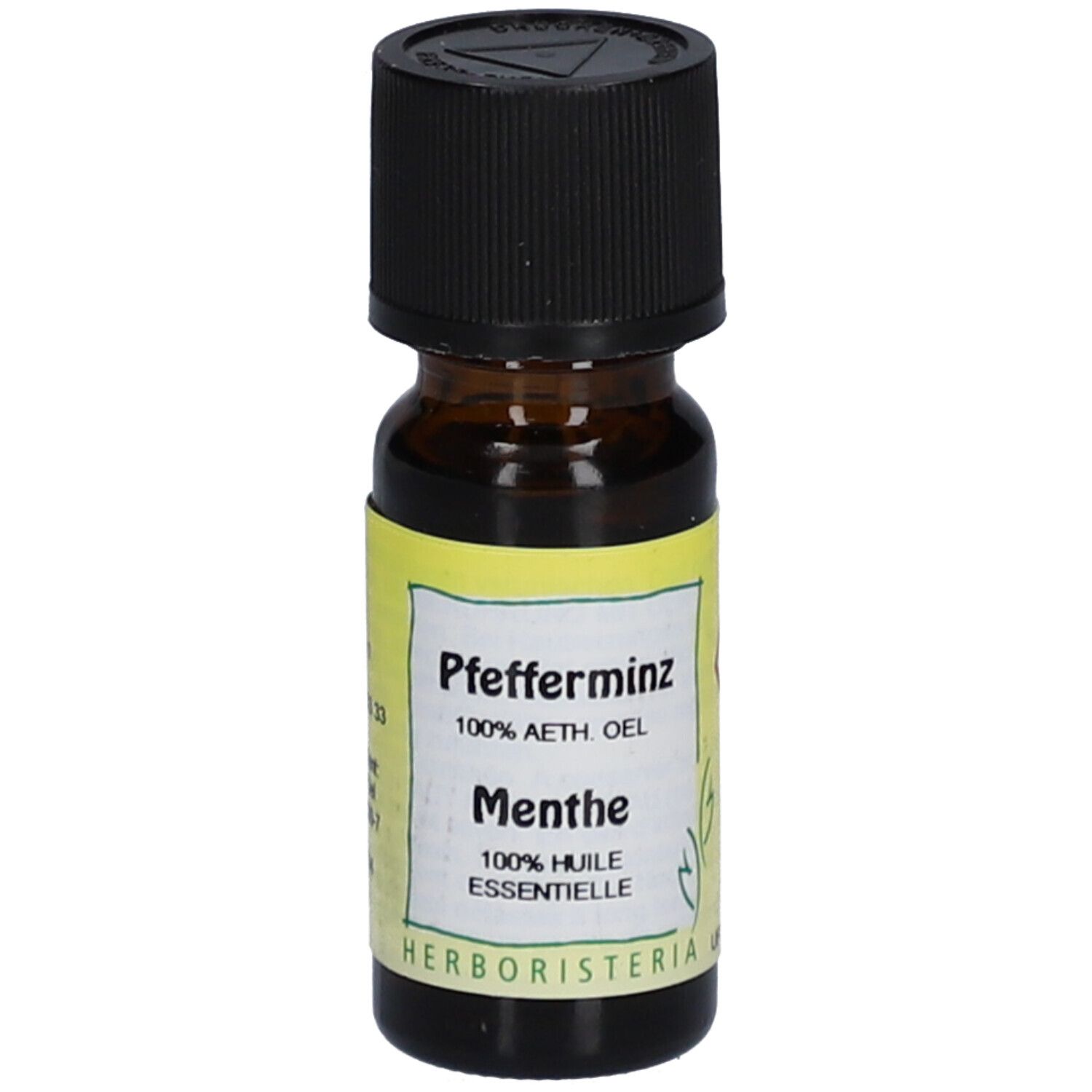 Bruine glazen fles met zwarte dop en geel etiket. Opschrift: Pfefferminz, Menthe, 100% etherische olie.