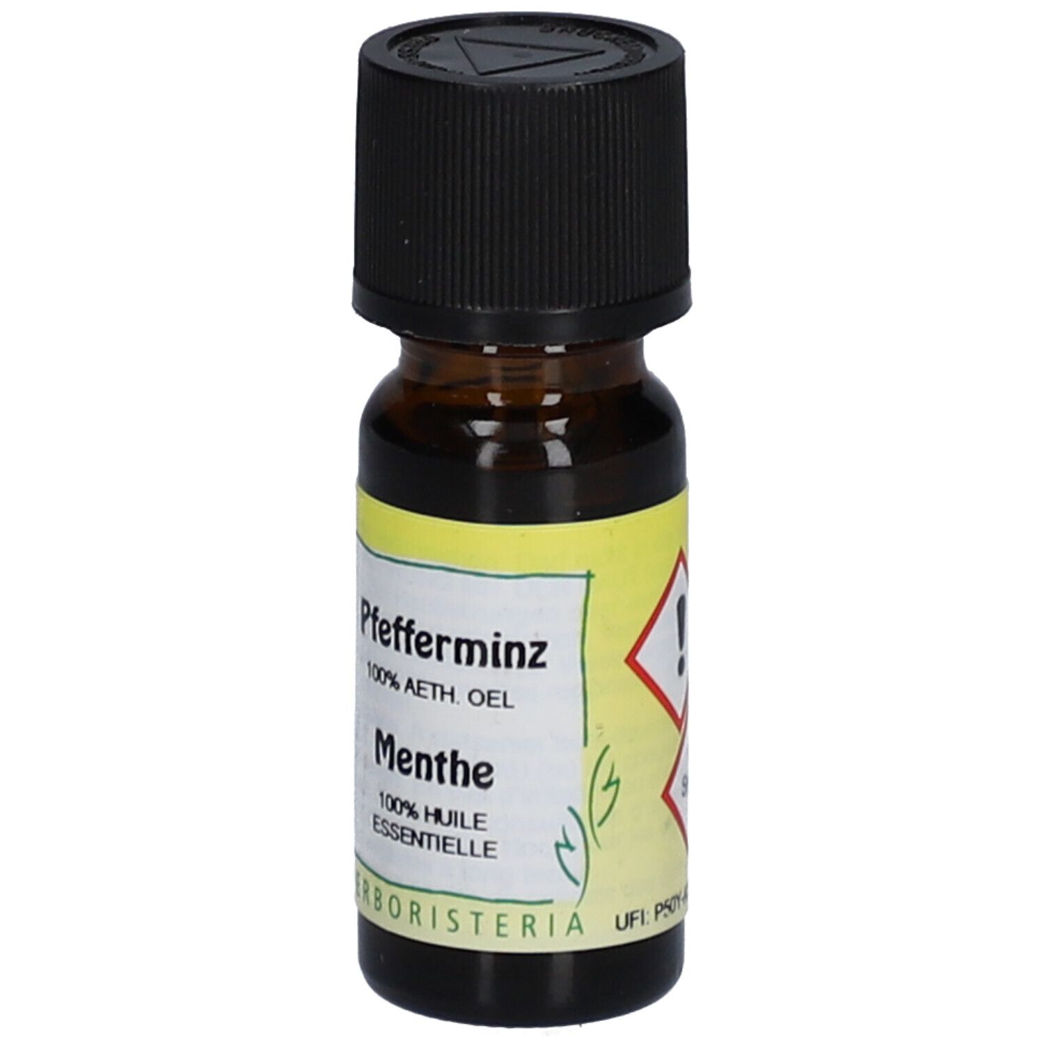 Bruine glazen fles met zwarte dop en geel etiket. Opschrift: Pfefferminz, Menthe, 100% etherische olie.
