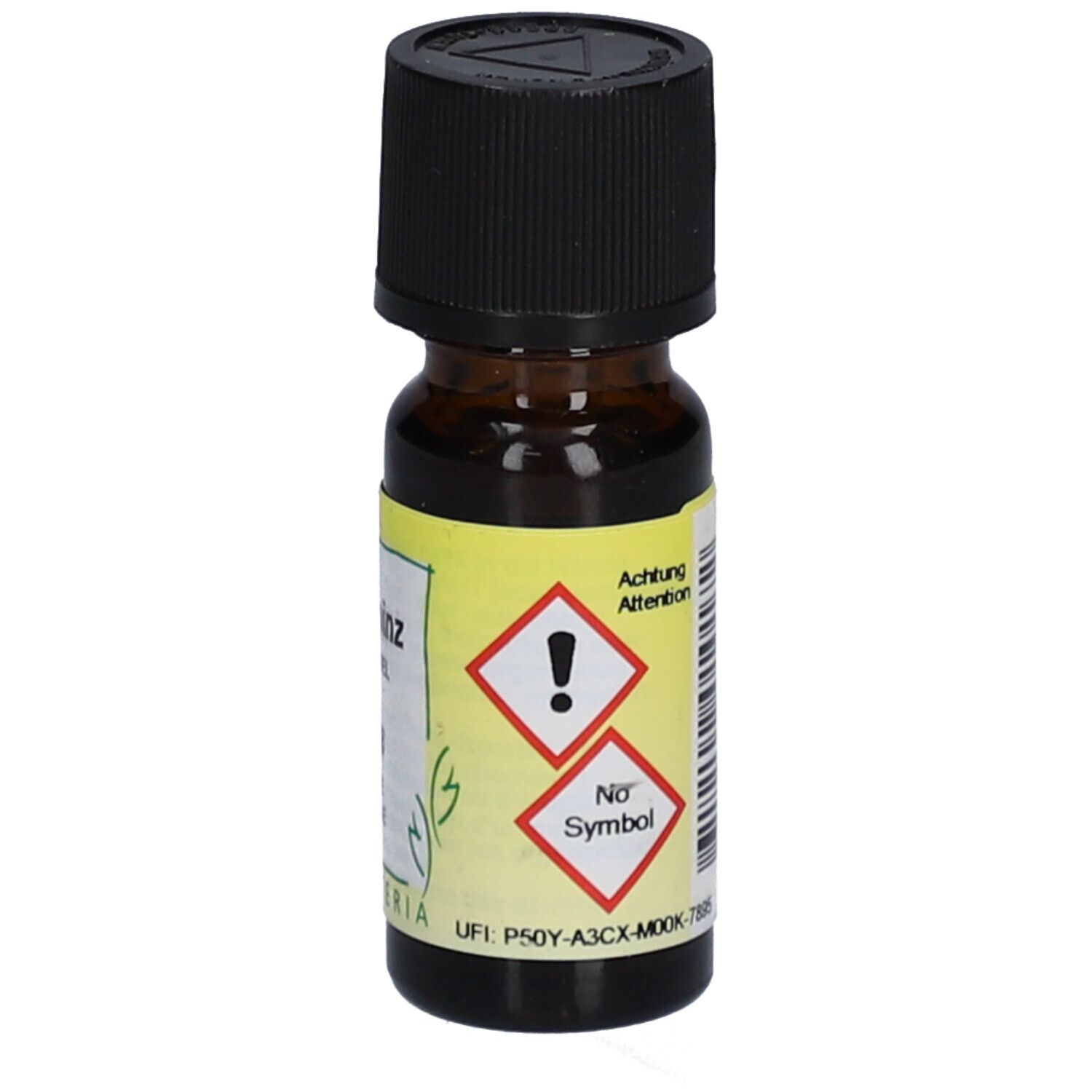 Bruine glazen fles met zwarte dop en geel etiket. Waarschuwingen en gevaarsymbolen zichtbaar.