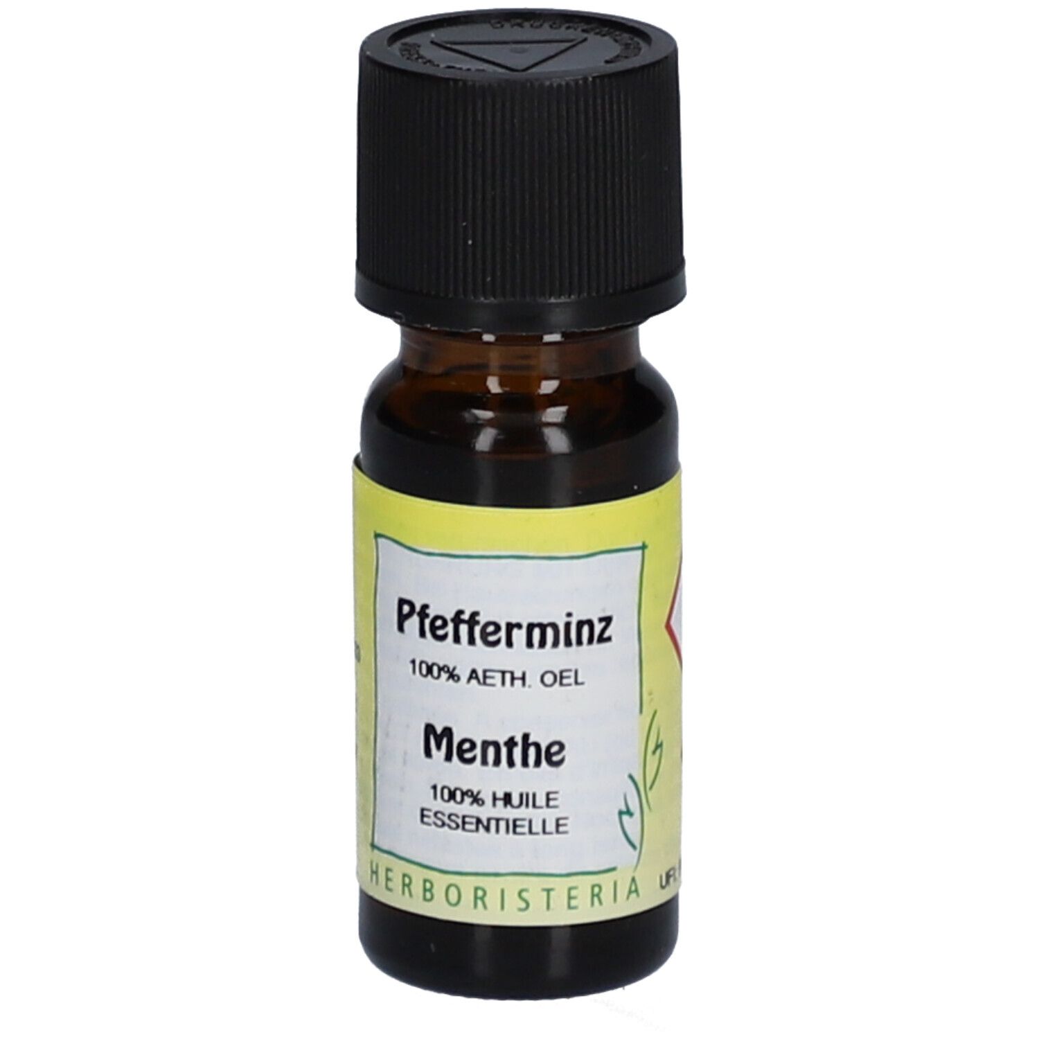 Bruine glazen fles met zwarte dop en geel etiket. Opschrift: Pfefferminz, Menthe, 100% etherische olie.