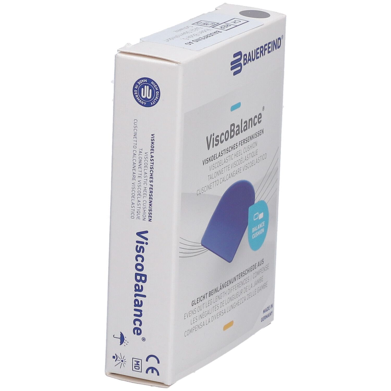 Boîte en angle. Inscription : ViscoBalance, Bauerfeind. Symbole de coussinet de talon bleu. Marquage CE.