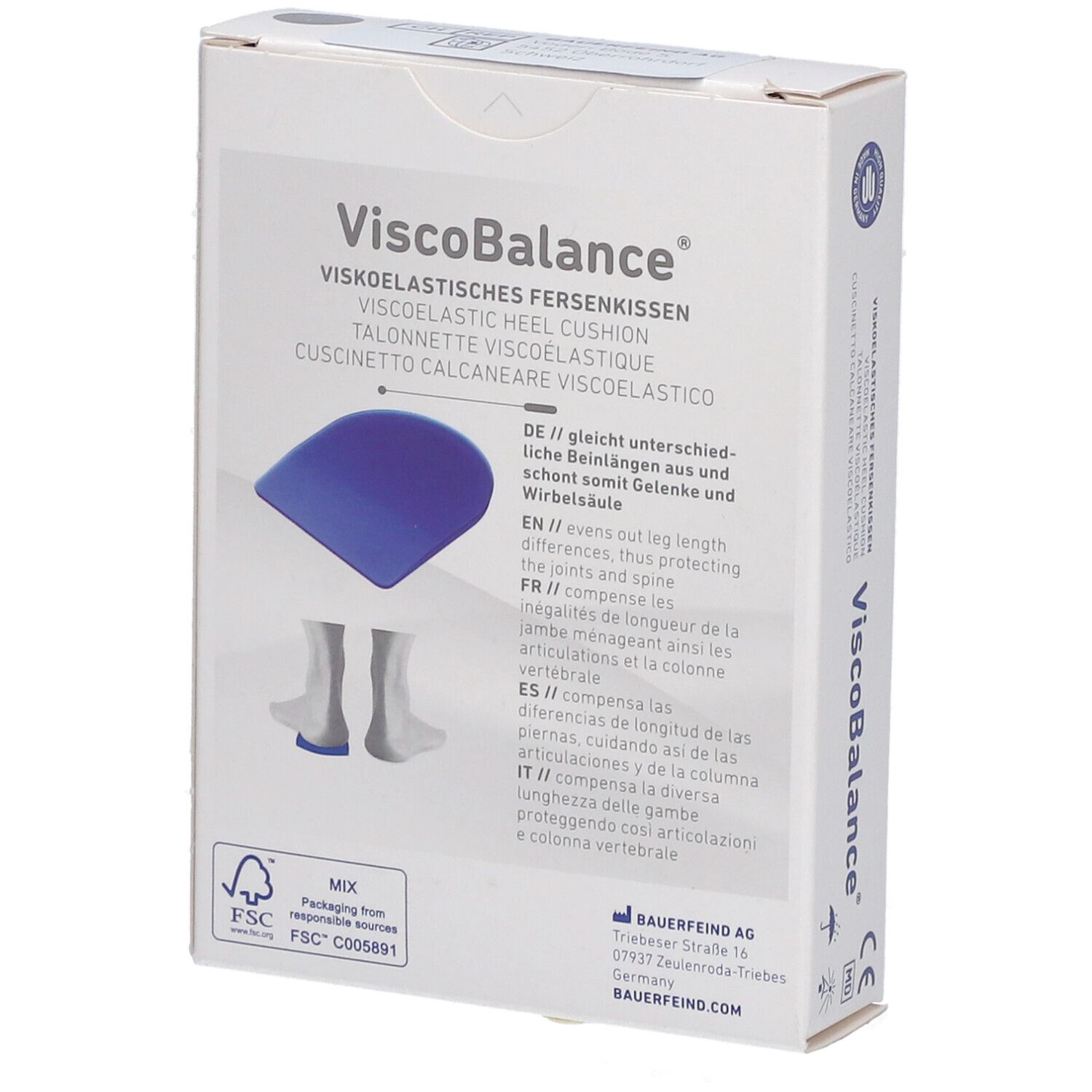 Dos de la boîte. Inscription : ViscoBalance. Illustration de pieds avec coussinets de talon. Texte multilingue.