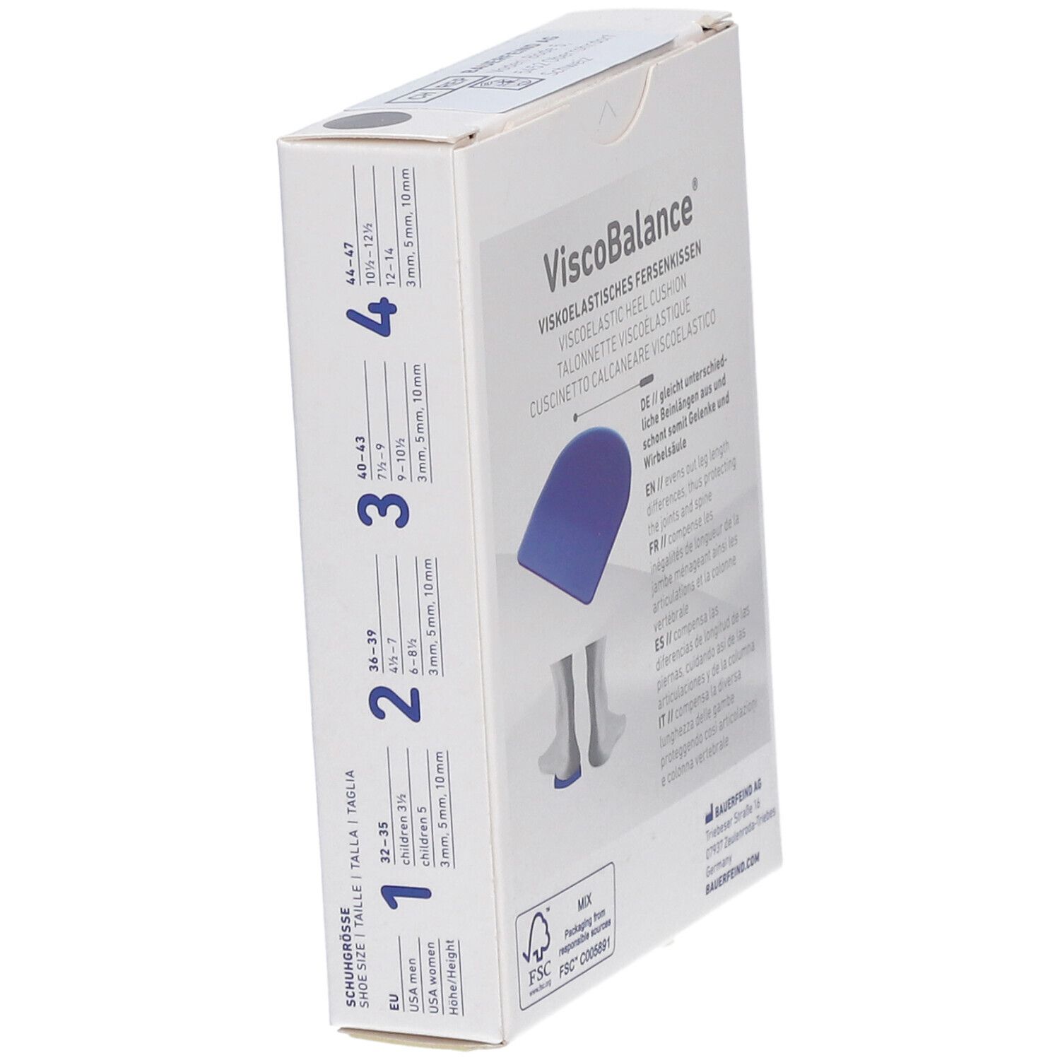 Boîte en angle. Inscription : ViscoBalance. Indications de taille : pointure, 3 mm, 5 mm, 10 mm.