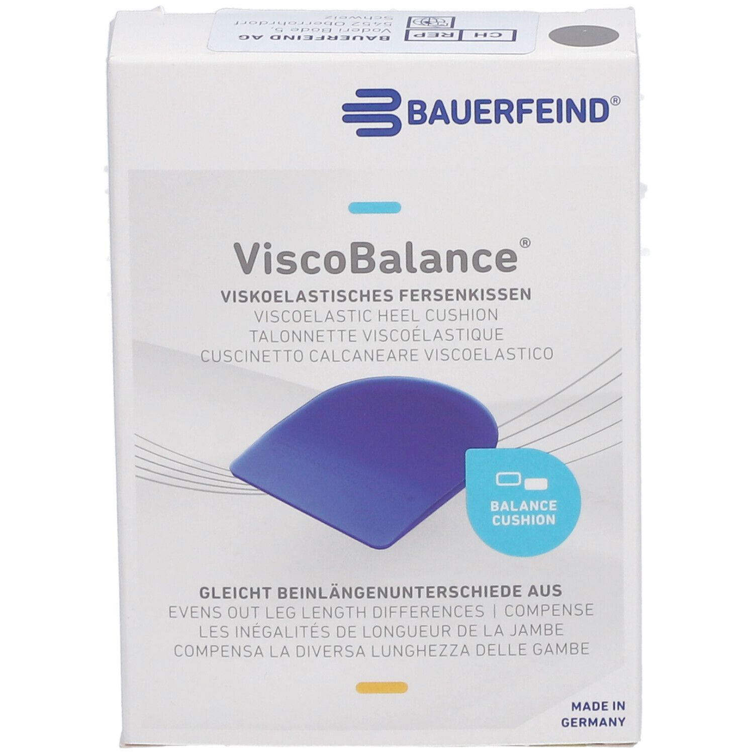 Boîte blanche avec symbole de coussinet de talon bleu. Inscription : ViscoBalance, Bauerfeind. Texte multilingue.