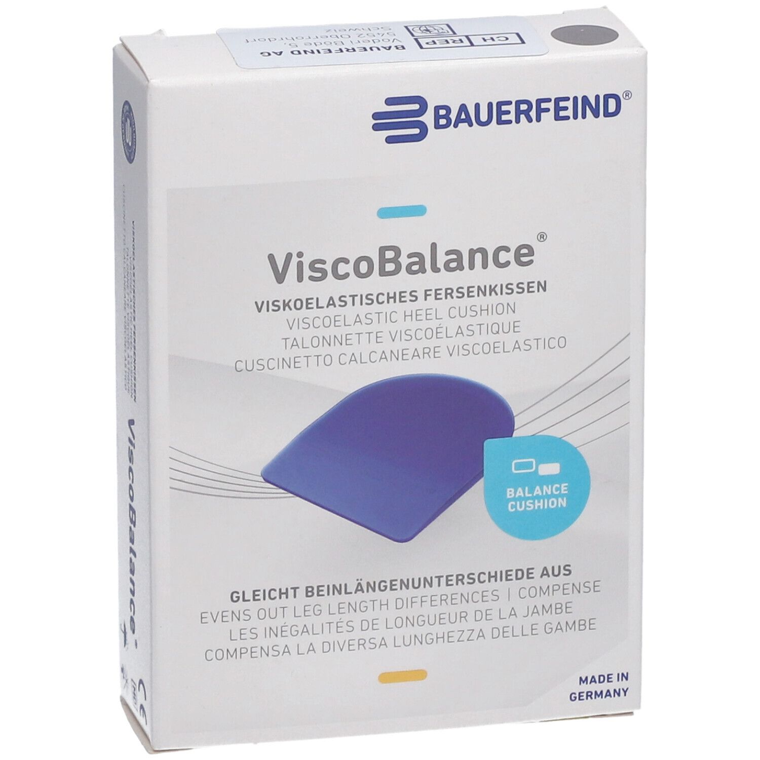 Boîte blanche avec symbole de coussinet de talon bleu. Inscription : ViscoBalance, Bauerfeind. Texte multilingue.