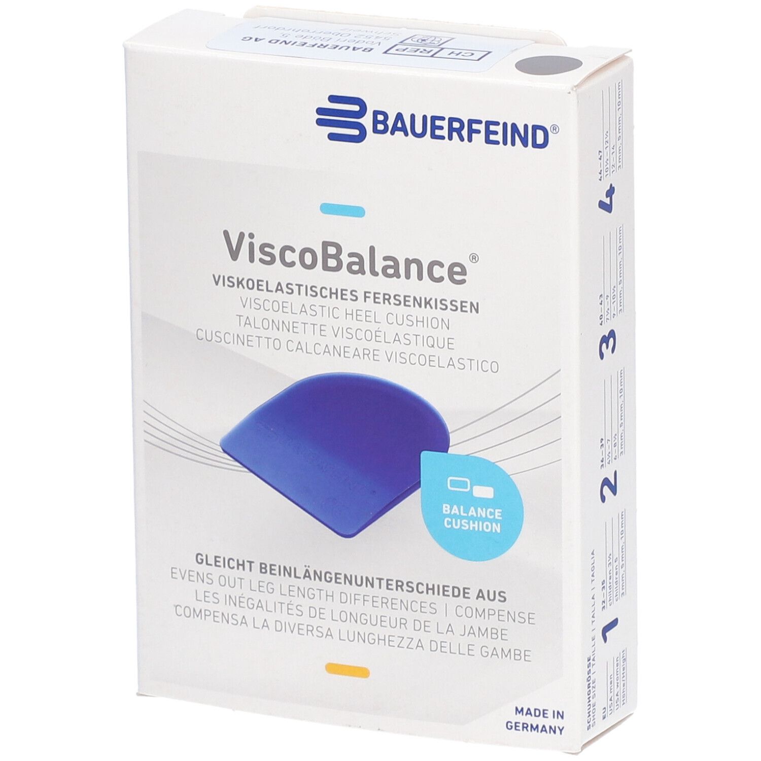 Emballage de BAUERFEIND® ViscoBalance® Taille 3. Symbole de coussinet de talon bleu. Texte : ViscoBalance®, Balance Cushion.