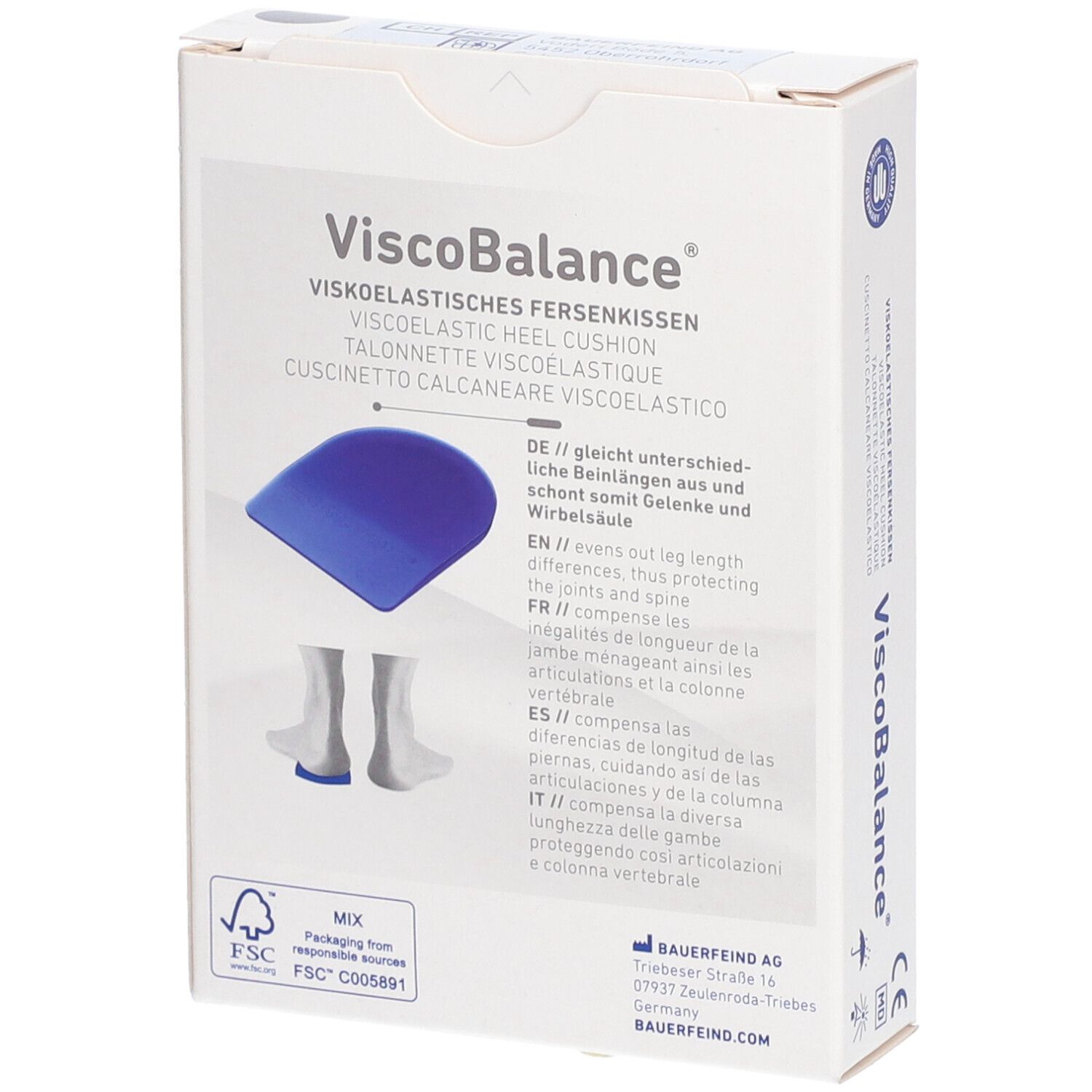 Dos de l'emballage de BAUERFEIND® ViscoBalance® Taille 3. Illustration de pieds avec coussinets.
