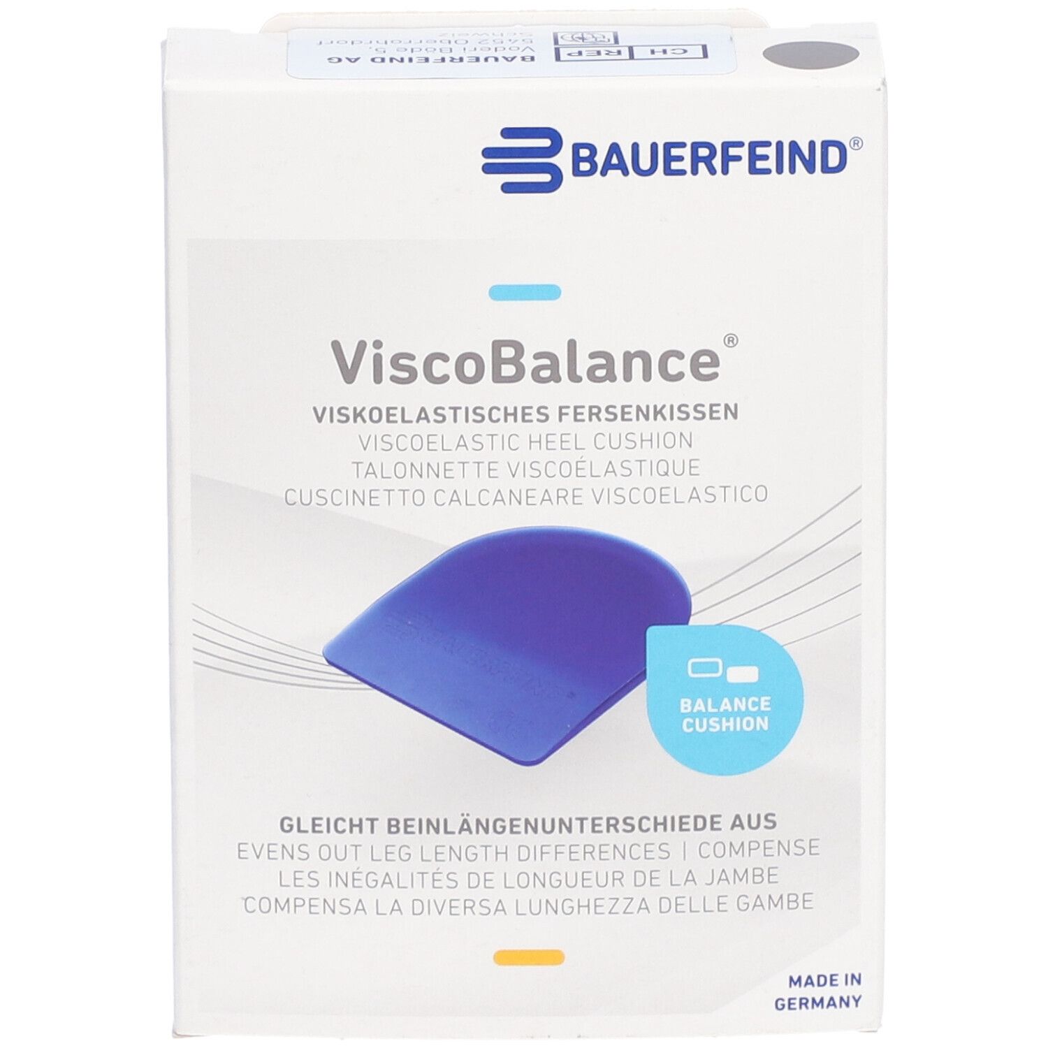 Emballage de BAUERFEIND® ViscoBalance® Taille 3. Symbole de coussinet de talon bleu. Texte : ViscoBalance®, Balance Cushion.