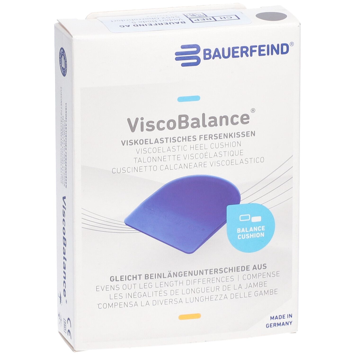 Emballage de BAUERFEIND® ViscoBalance® Taille 3. Symbole de coussinet de talon bleu. Texte : ViscoBalance®, Balance Cushion.