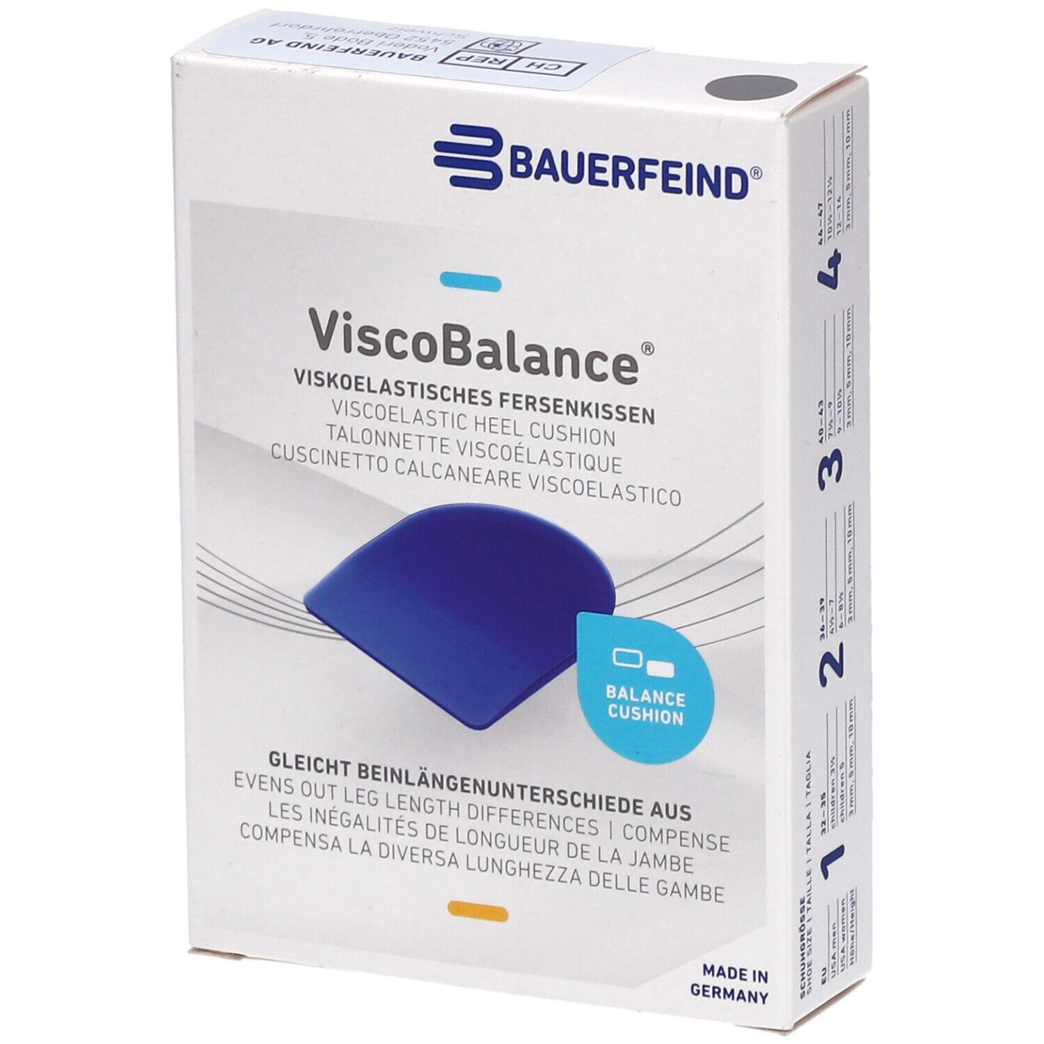 Verpakking met ViscoBalance hielkussens. Blauw kussen afgebeeld. Tekst: Visco-elastisch hielkussen, compenseert beenlengteverschillen.