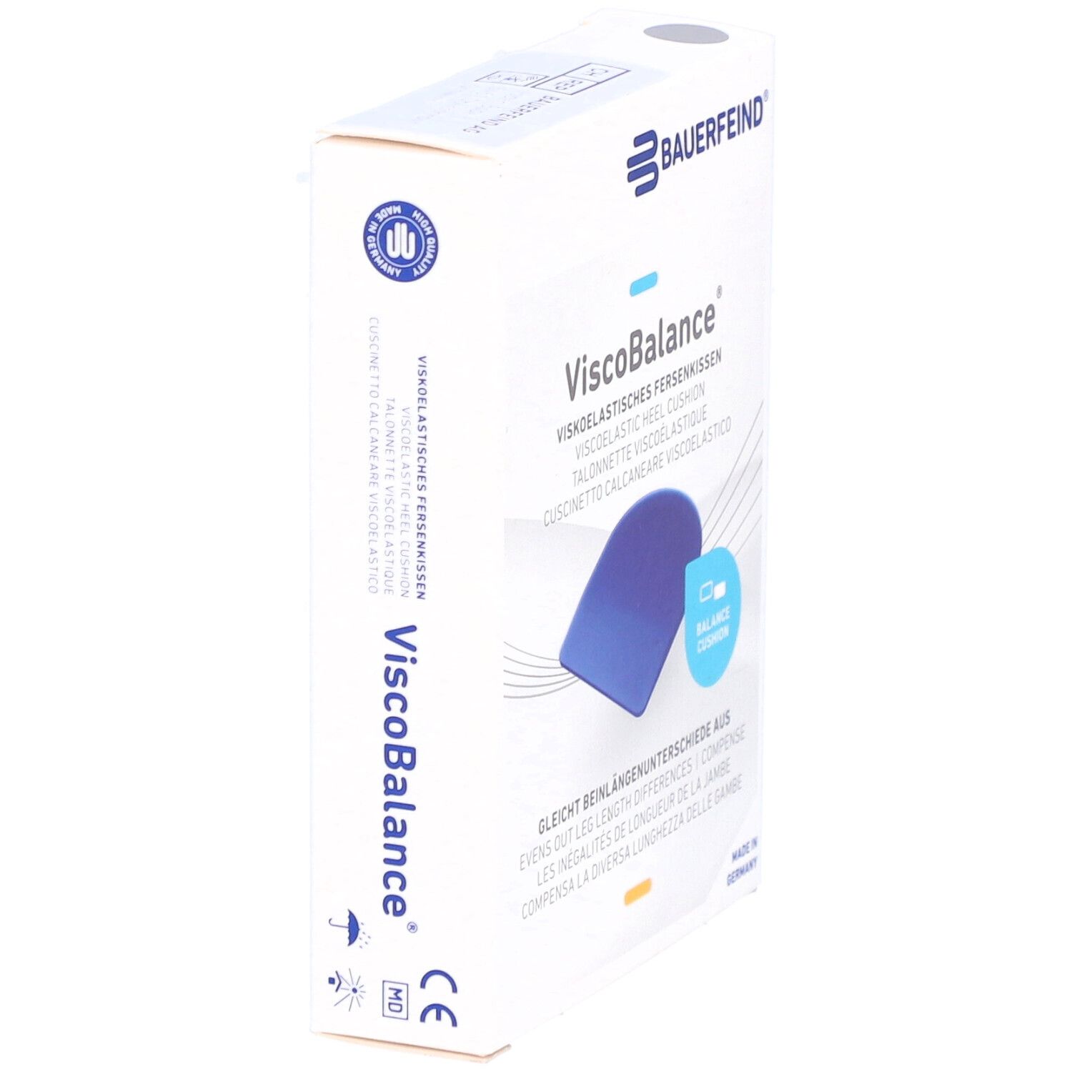 Verpakking ViscoBalance hielkussens. Blauw kussen afgebeeld. Tekst: Visco-elastisch hielkussen. Merk Bauerfeind. CE-markering.