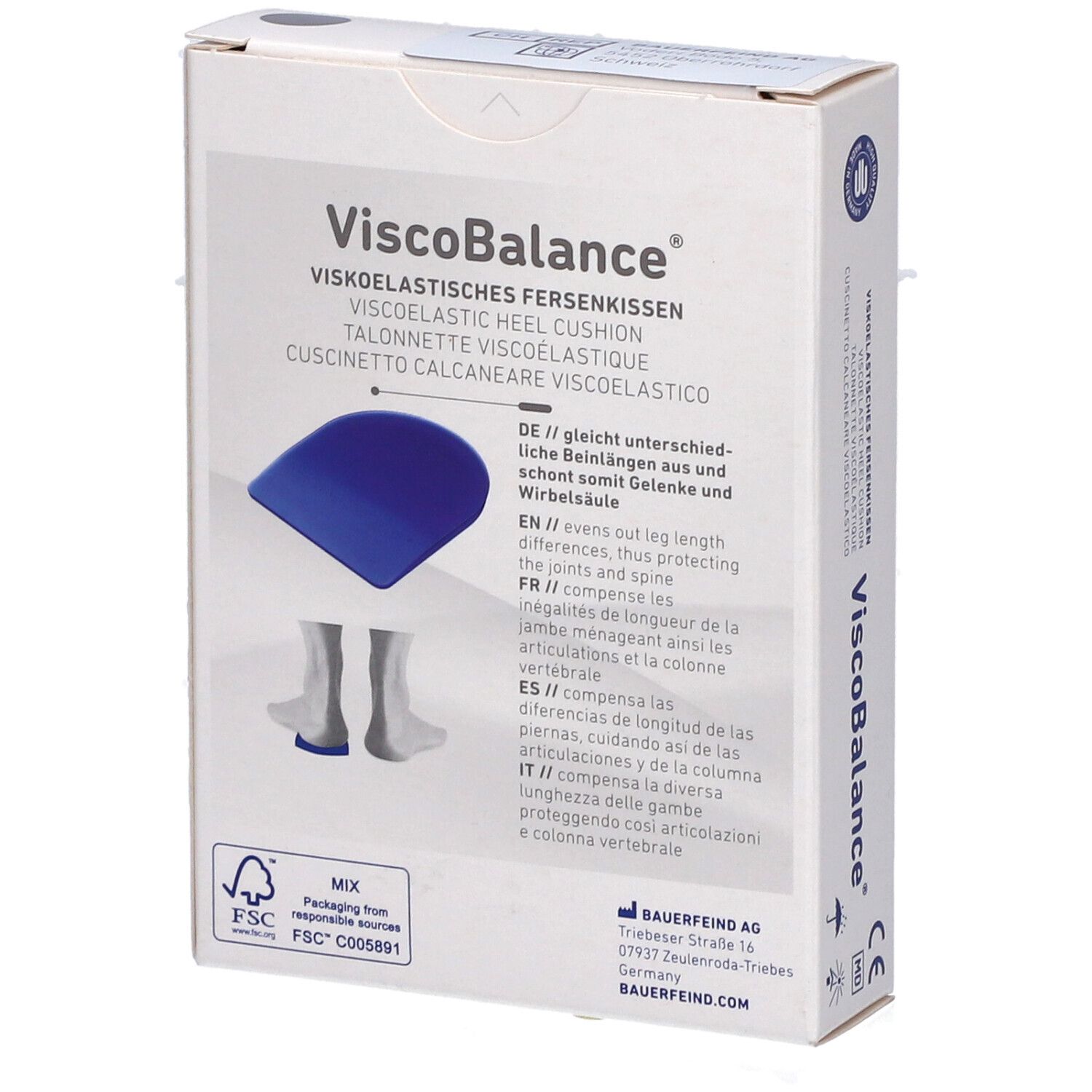 Verpakking ViscoBalance hielkussens. Blauw kussen en voeten afgebeeld. Tekst: Visco-elastisch hielkussen. Merk Bauerfeind. FSC-label.