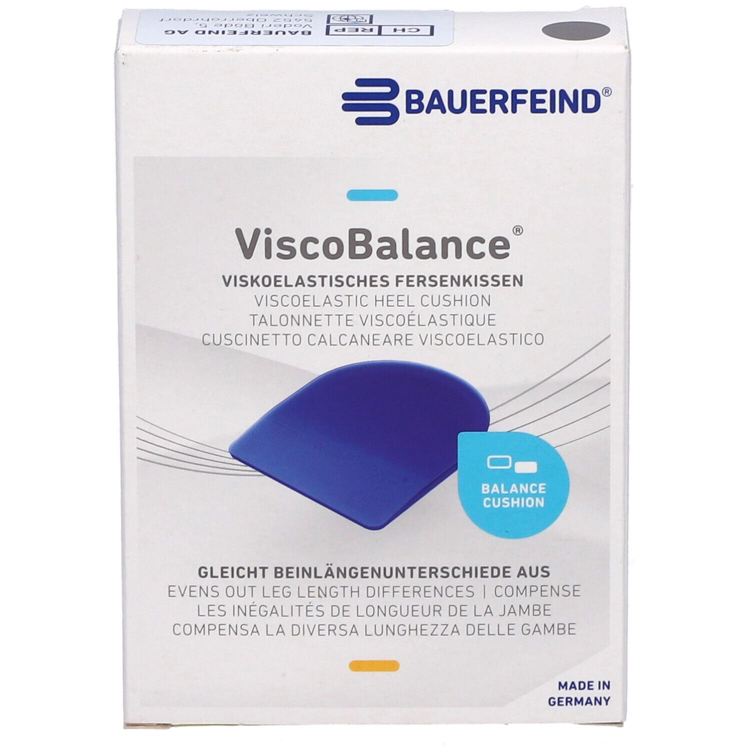 Verpakking ViscoBalance hielkussens. Blauw kussen afgebeeld. Tekst: Visco-elastisch hielkussen, compenseert beenlengteverschillen. Merk Bauerfeind.