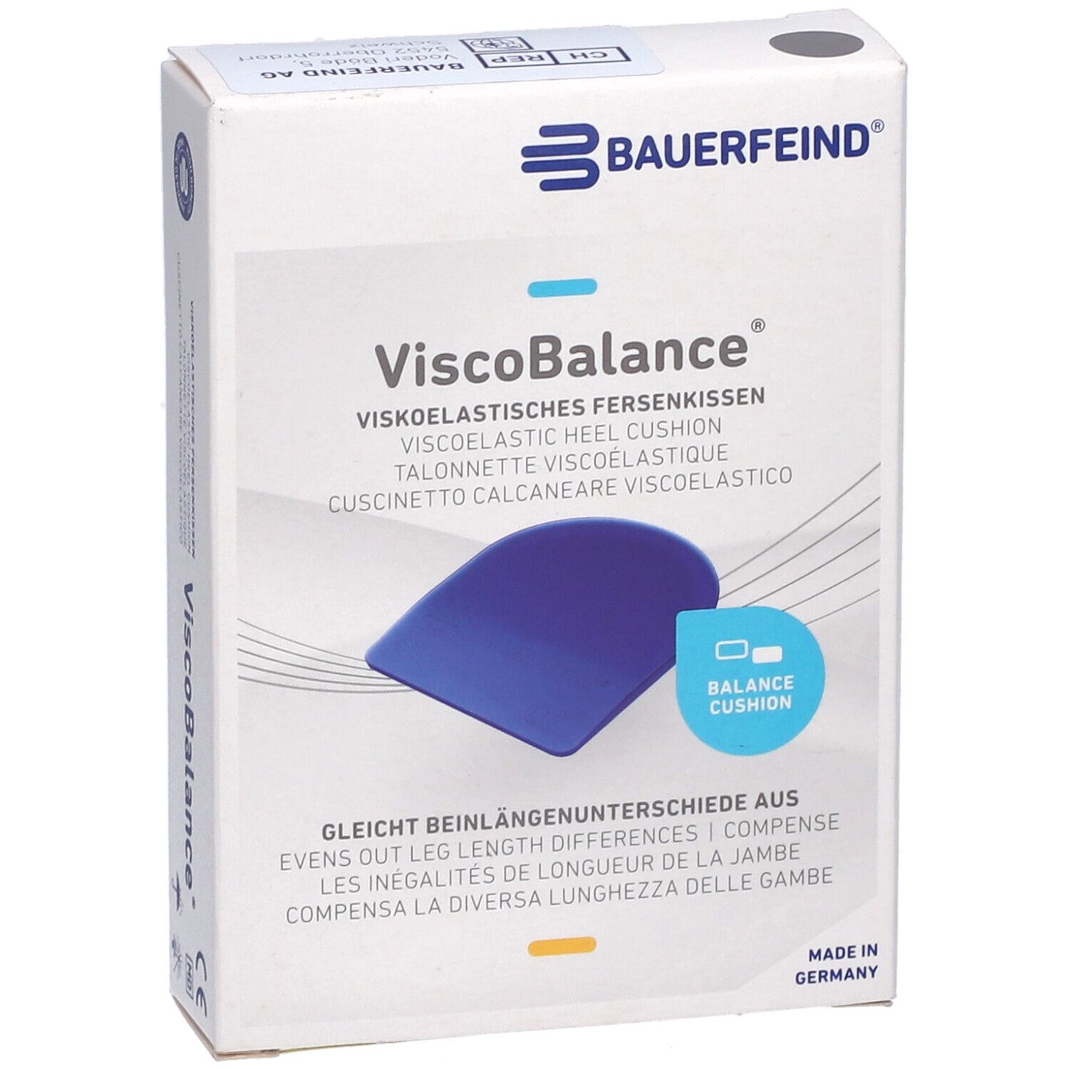 Verpakking ViscoBalance hielkussens. Blauw kussen afgebeeld. Tekst: Visco-elastisch hielkussen, compenseert beenlengteverschillen. Merk Bauerfeind.