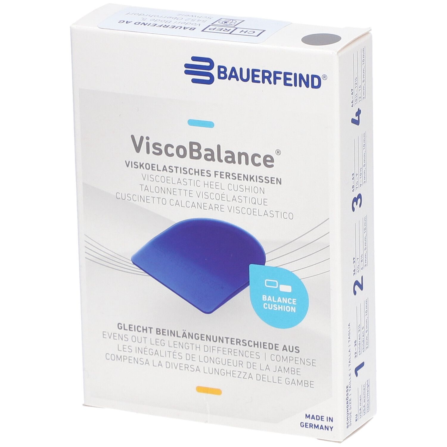 Verpakking van ViscoBalance hielkussens. Blauw kussen afgebeeld. Merk: BAUERFEIND. Tekst: ViscoBalance, visco-elastisch hielkussen.