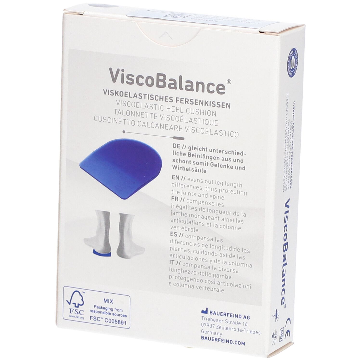 Achterkant van de ViscoBalance hielkussens verpakking. Blauw kussen afgebeeld. Tekst: ViscoBalance, visco-elastisch hielkussen. Illustratie voeten.