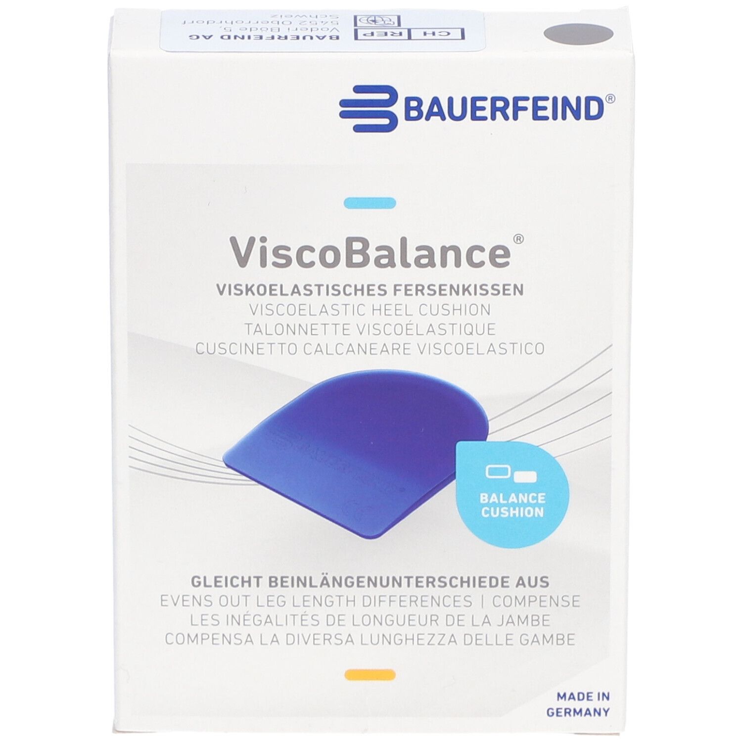 Verpakking van ViscoBalance hielkussens. Blauw kussen afgebeeld. Merk: BAUERFEIND. Tekst: ViscoBalance, visco-elastisch hielkussen.