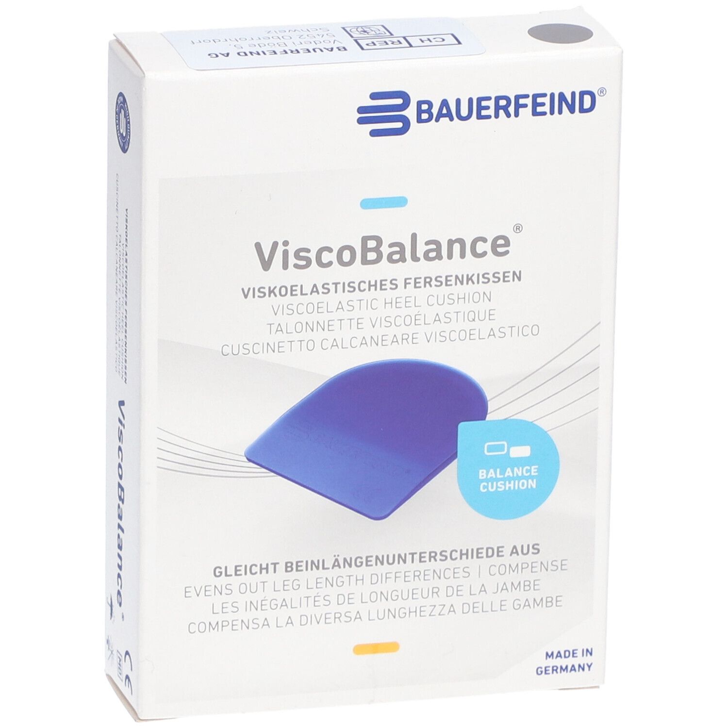 Verpakking van ViscoBalance hielkussens. Blauw kussen afgebeeld. Merk: BAUERFEIND. Tekst: ViscoBalance, visco-elastisch hielkussen.