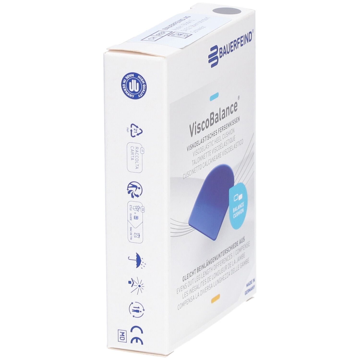 Vue latérale de la boîte de coussinets talonniers ViscoBalance. Texte : Bauerfeind, ViscoBalance. Logos et pictogrammes. Fabriqué en Allemagne.