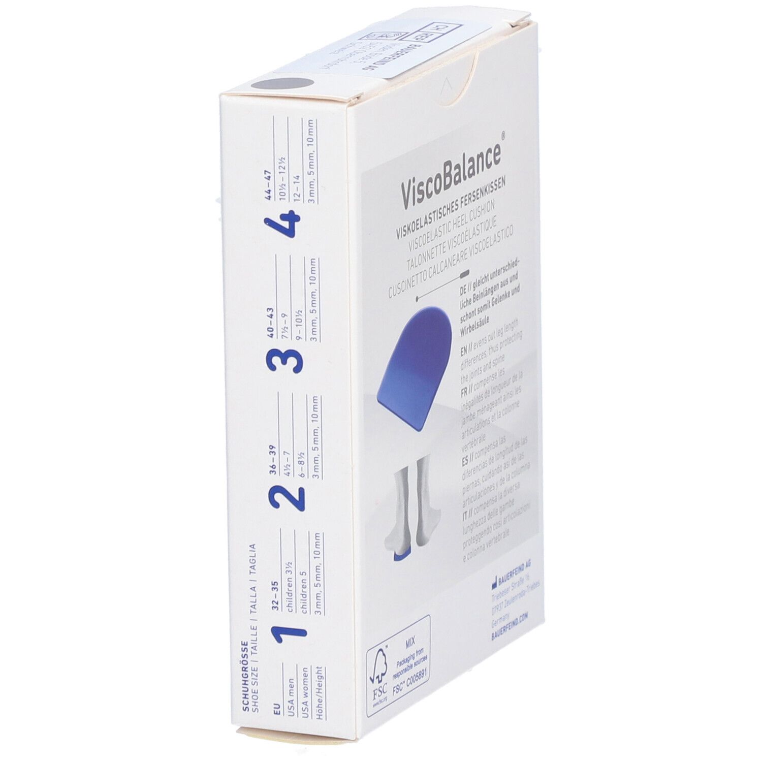 Boîte de coussinets talonniers ViscoBalance. Indications de tailles : pointure, 32-35, 36-39, 40-43, 44-47. Texte : ViscoBalance.