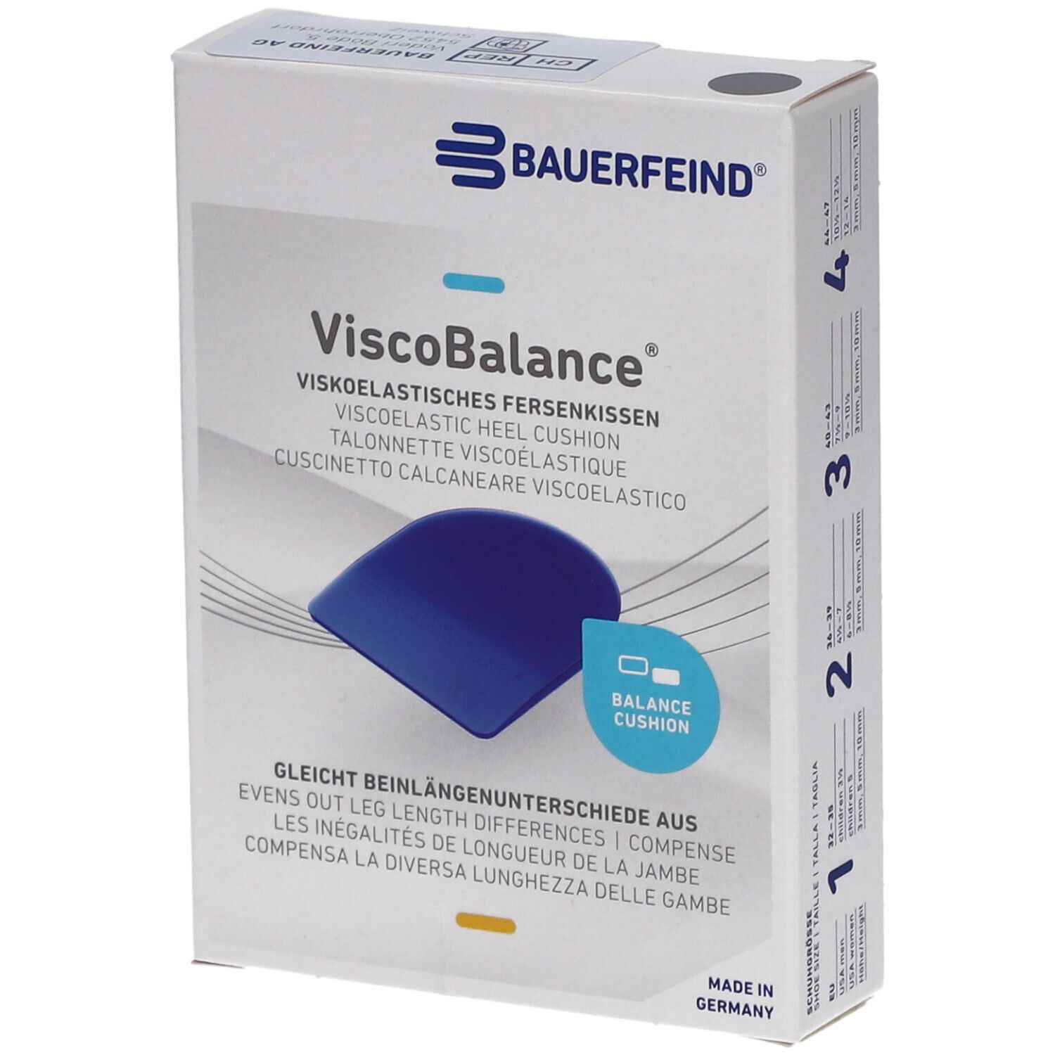 Boîte de coussinets talon ViscoBalance. Symbole de coussin bleu. Texte: Coussinet talon viscoélastique, compense les inégalités de longueur.