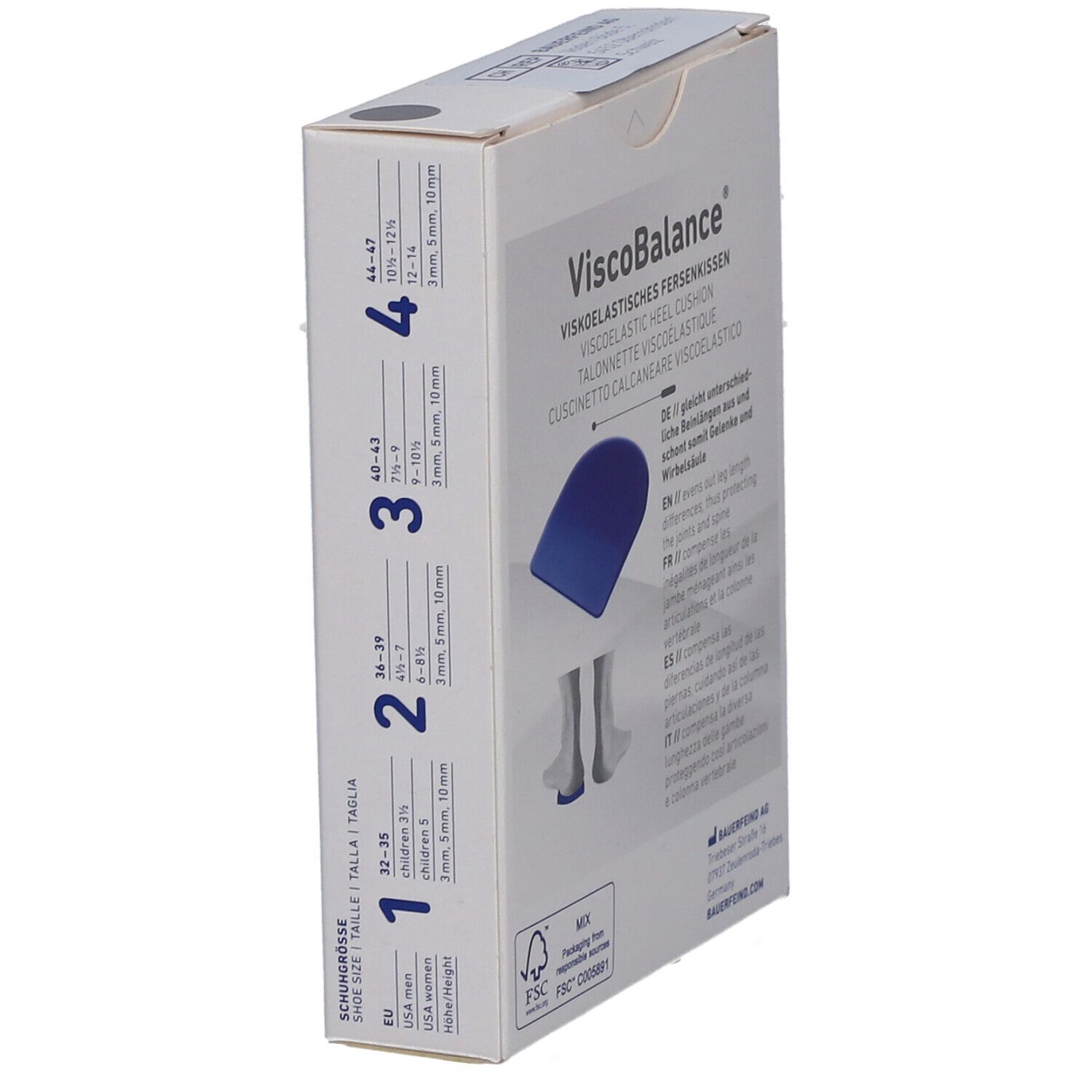 Vue latérale de l'emballage ViscoBalance avec tailles. Texte: Coussinet talon viscoélastique. Tableau des pointures.
