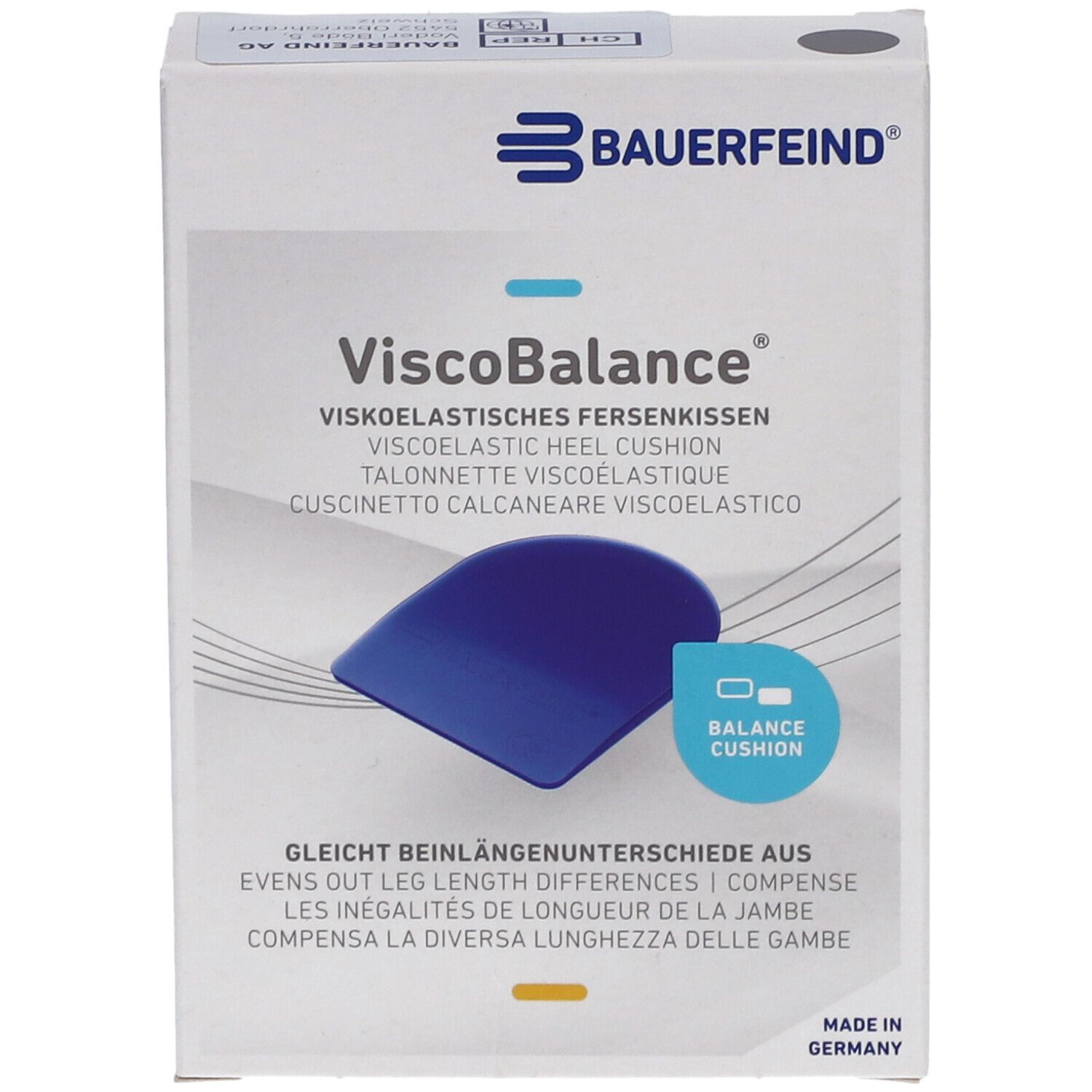 Emballage ViscoBalance. Symbole de coussin bleu. Texte: Coussinet talon viscoélastique, compense les inégalités. Logo Bauerfeind.