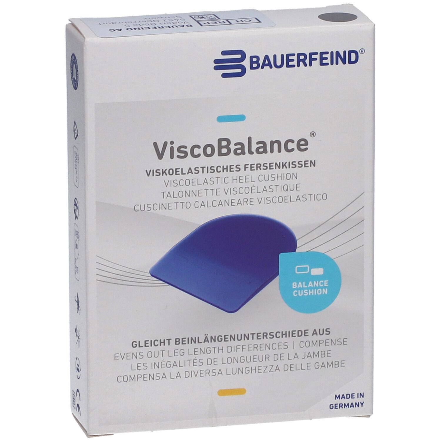 Emballage ViscoBalance. Symbole de coussin bleu. Texte: Coussinet talon viscoélastique, compense les inégalités. Logo Bauerfeind.