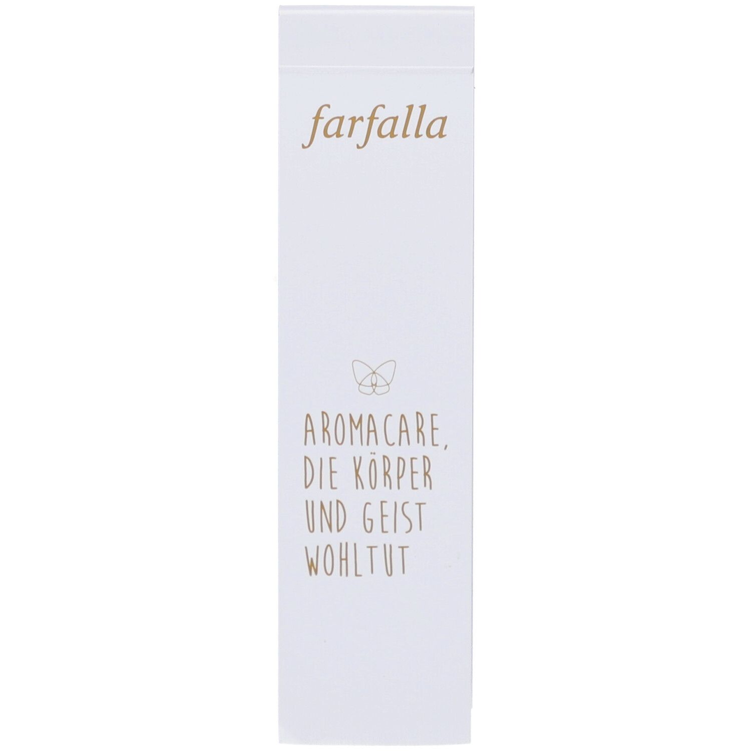 Emballage blanc avec le lettrage doré "farfalla" et texte. En dessous "AROMACARE, DIE KÖRPER UND GEIST WOHLTUT".