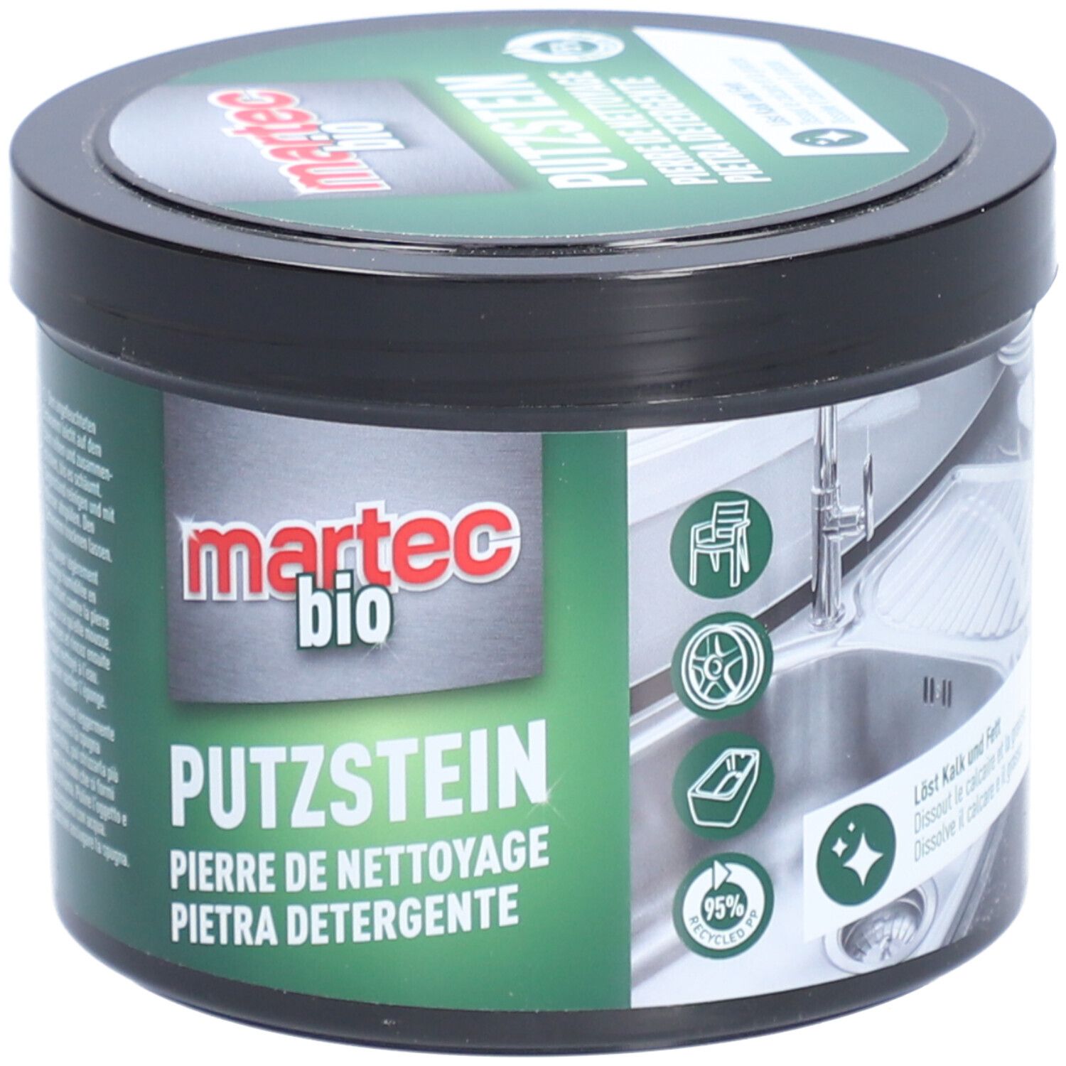 Boîte ronde avec couvercle. Inscription : martec bio PUTZSTEIN. Étiquette verte et blanche avec informations et pictogrammes. 95% recyclé.