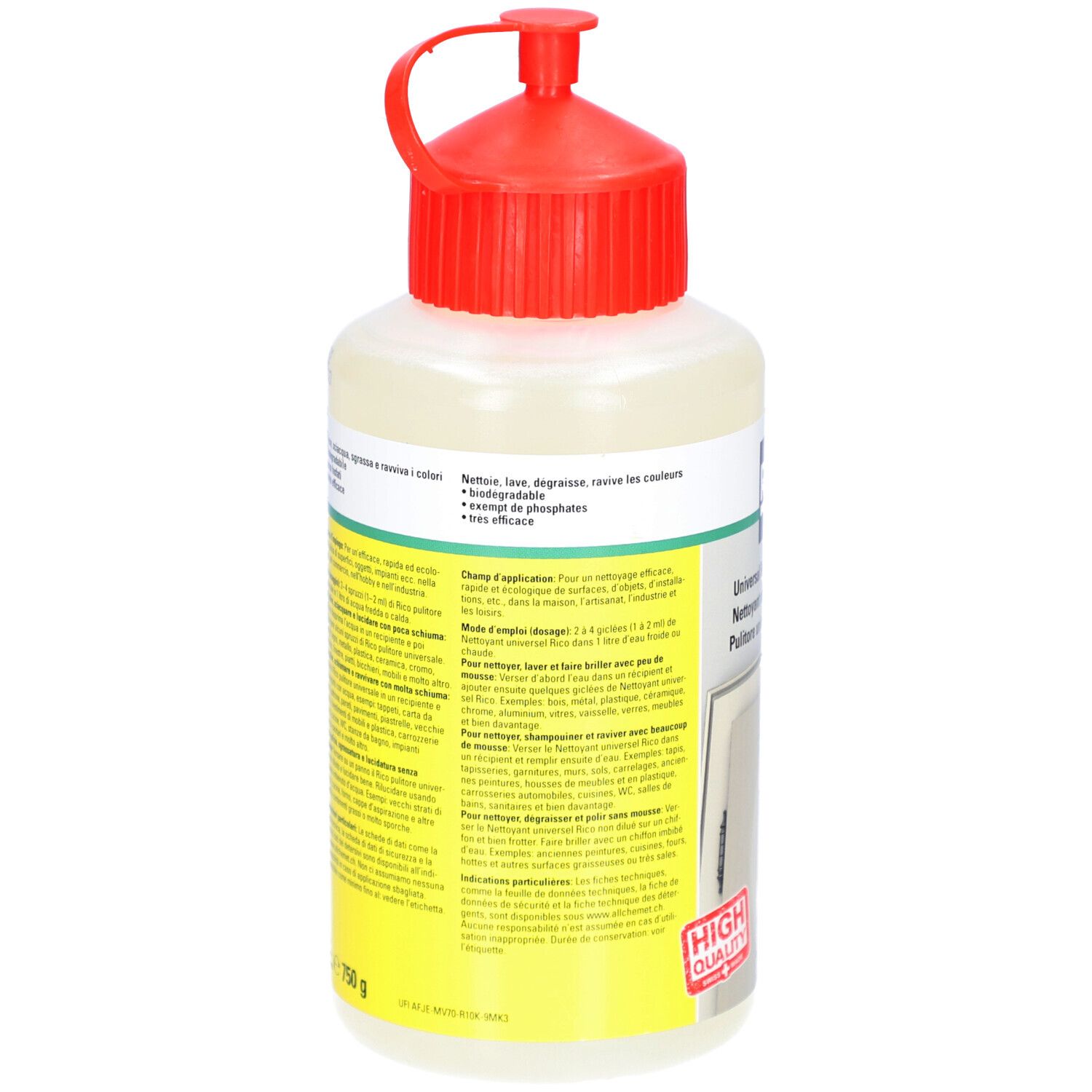 Achterkant van de fles met rode dop. Gele en witte etiketten met tekst. Opschrift: Nettoie, lave, dégraisse les couleurs.