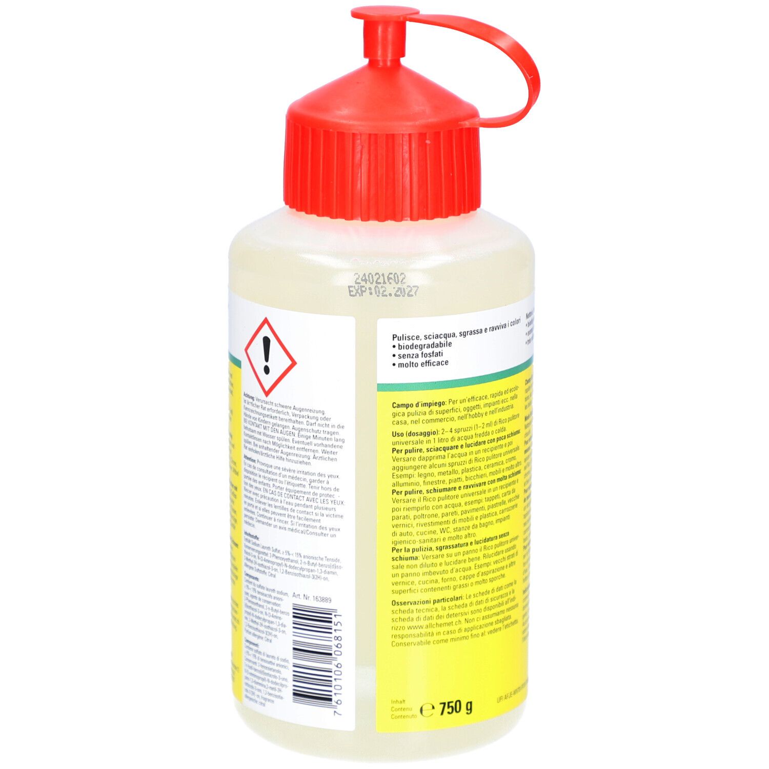 Achterkant van de fles met rode dop. Gele en witte etiketten met tekst. Waarschuwingssymbool. Opschrift: 750 g.