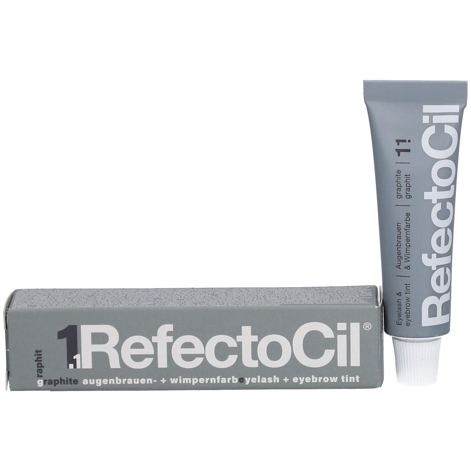 Productverpakking en tube. Grijze doos met tube. Opdruk: RefectoCil, 1.1 graphit, wenkbrauw- & wimperverf.